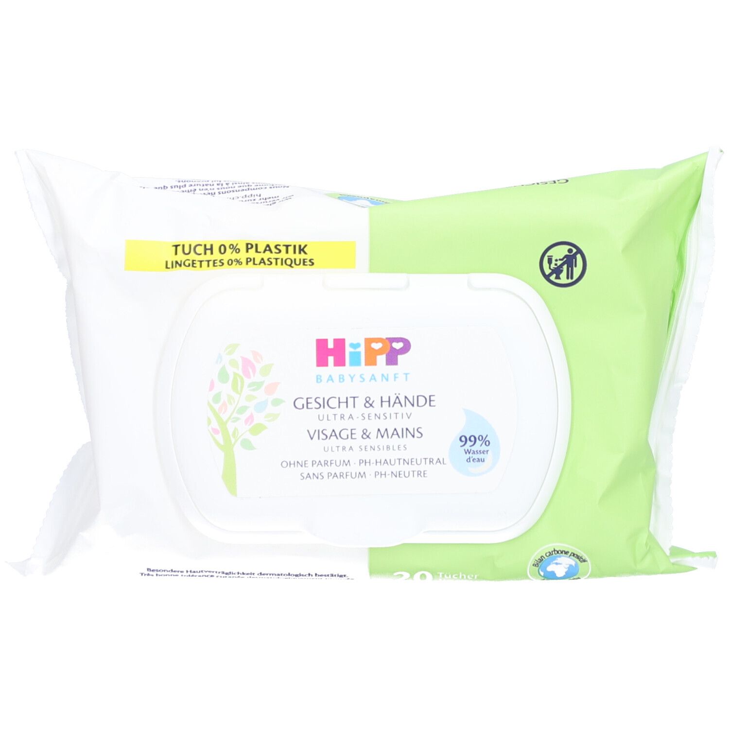 Weiße Verpackung mit grünem Akzent. Aufdruck: HIPP, Gesicht & Hände, Ultra Sensitiv. Gelbes Label: Tuch 0% Plastik.