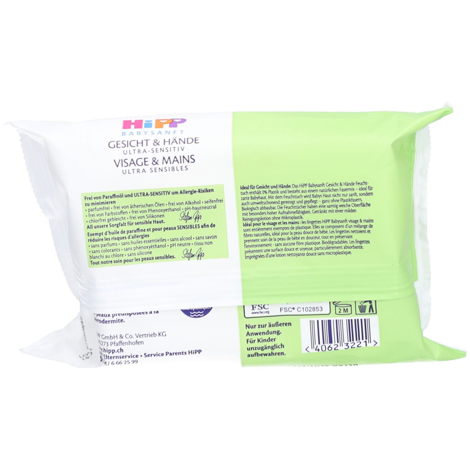 Rückseite der Verpackung. Text: HIPP, Gesicht & Hände, Ultra Sensitiv. FSC-Zertifizierung. Informationen zur Inhaltsstoffe.