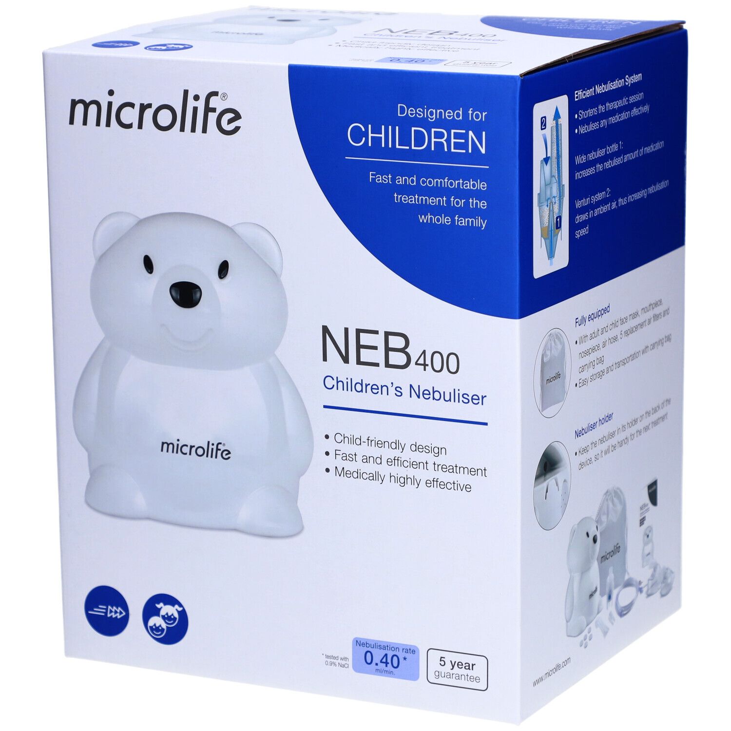 Boîte avec inhalateur ours. Marque Microlife, modèle NEB 400. Inscription : Pour enfants, traitement rapide et confortable.