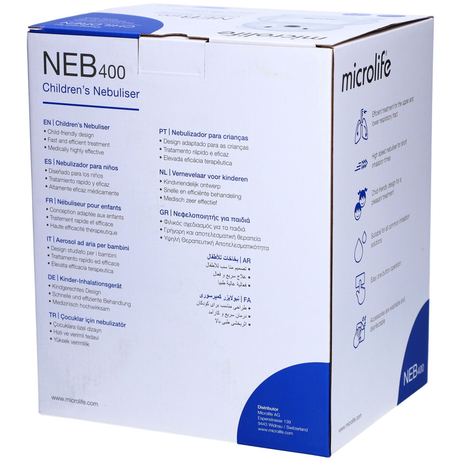 Boîte de l'inhalateur NEB 400. Textes multilingues. Marque Microlife. Informations sur l'utilisation et les caractéristiques.