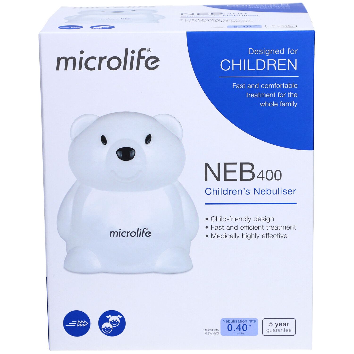 Boîte avec inhalateur ours. Marque Microlife, modèle NEB 400. Inscription : Pour enfants, traitement rapide et confortable.