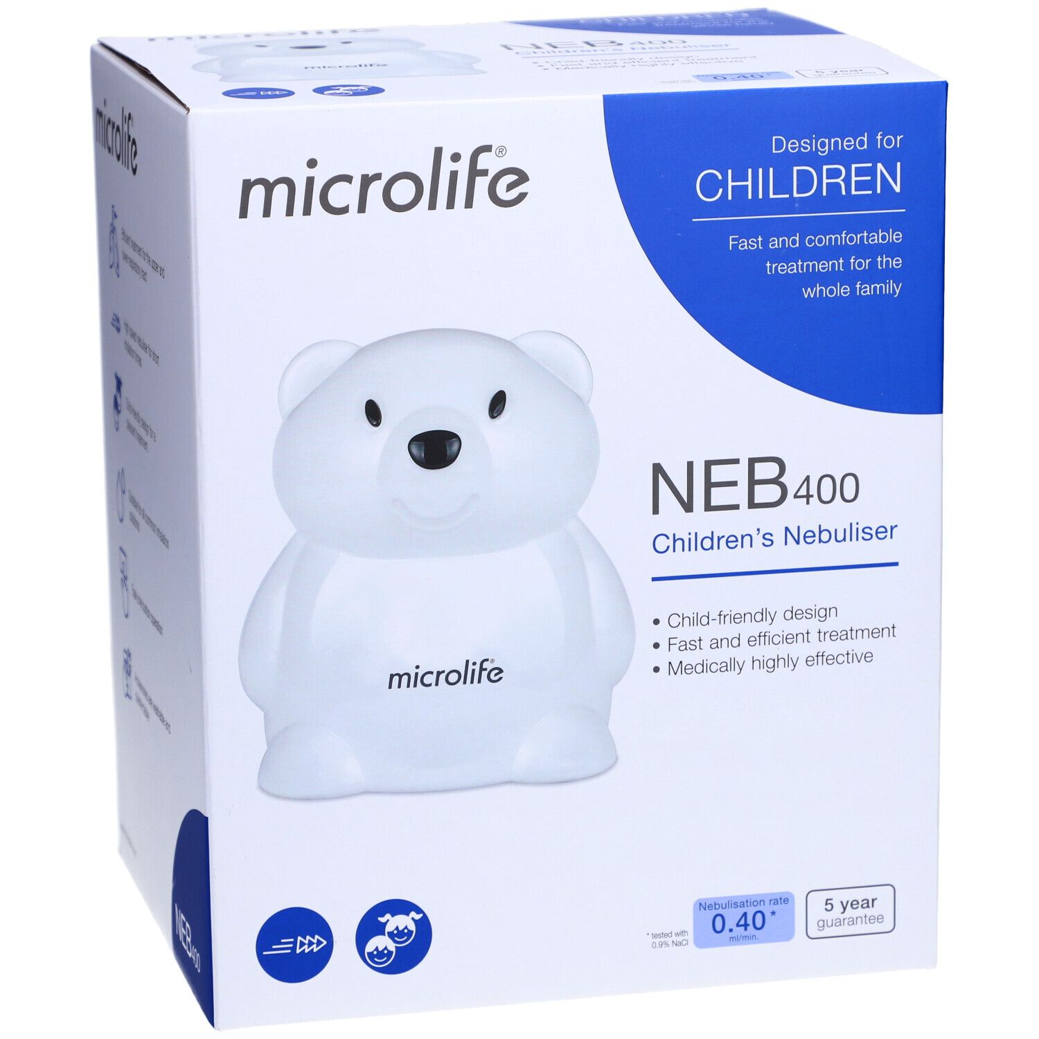 Boîte avec inhalateur ours. Marque Microlife, modèle NEB 400. Inscription : Pour enfants, traitement rapide et confortable.