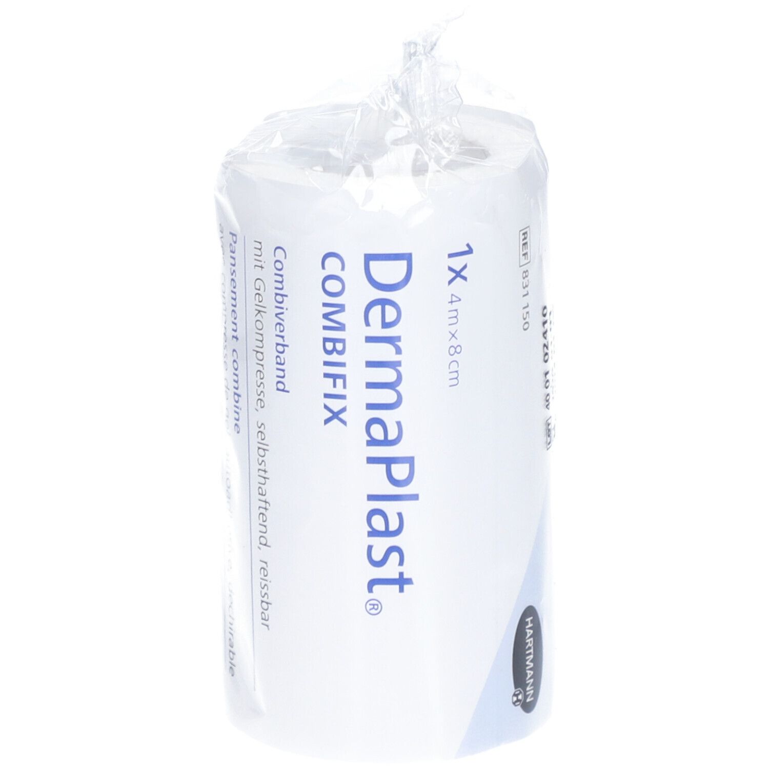Dermaplast Combifix, Verbandrolle, 4 m x 8 cm. In Folie verpackt. Mit Gelkompresse, selbsthaftend, reissbar.