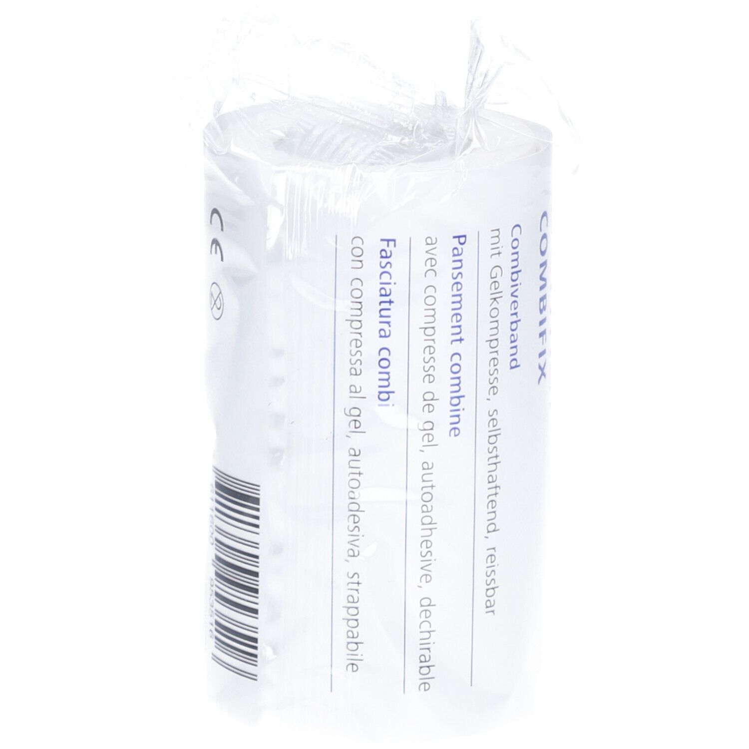 Dermaplast Combifix Verbandrolle. Verpackt in Folie. Text in Deutsch, Italienisch, Französisch. Mit CE-Kennzeichnung.