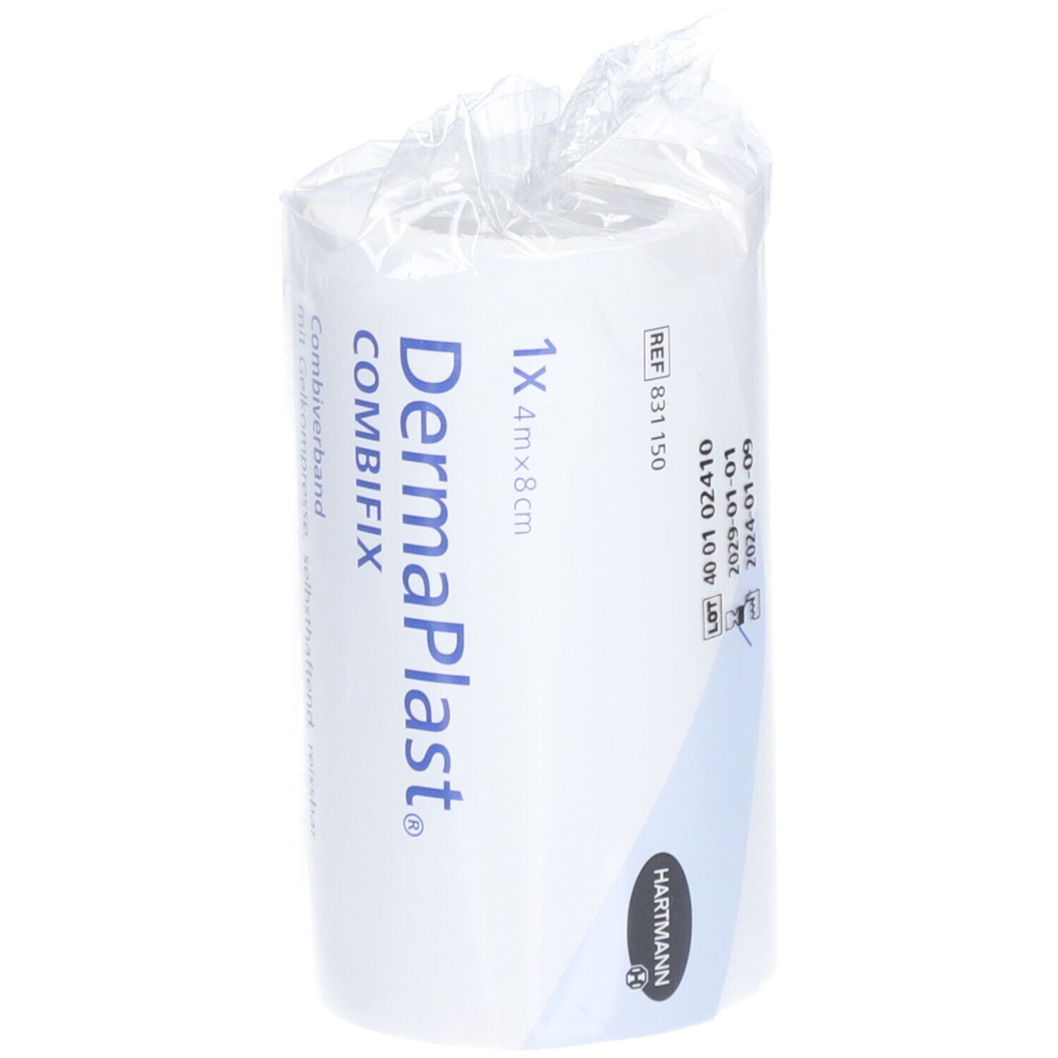 Dermaplast Combifix, Verbandrolle, 4 m x 8 cm. In Folie verpackt. Mit Haltbarkeitsdatum und Chargennummer.