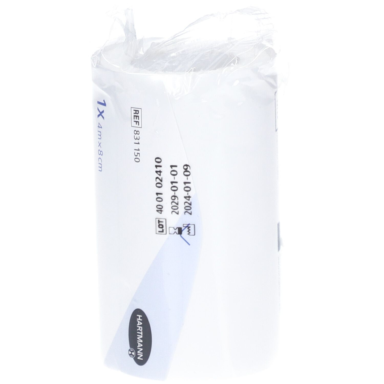 Dermaplast Combifix Verbandrolle. Verpackt in Folie. Mit Haltbarkeitsdatum und Chargennummer. HARTMANN Logo.