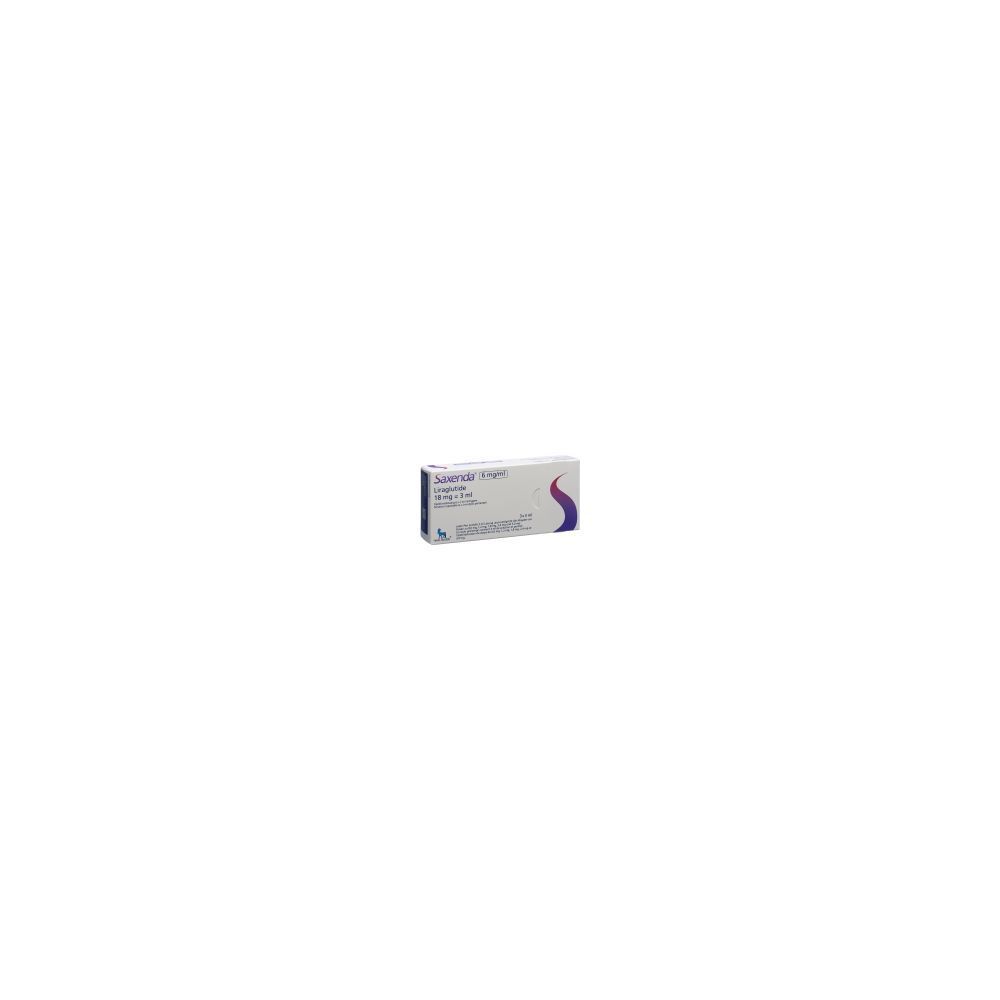 Boîte avec informations produit. Inscription: Saxenda. Couleurs: blanc, bleu, violet.