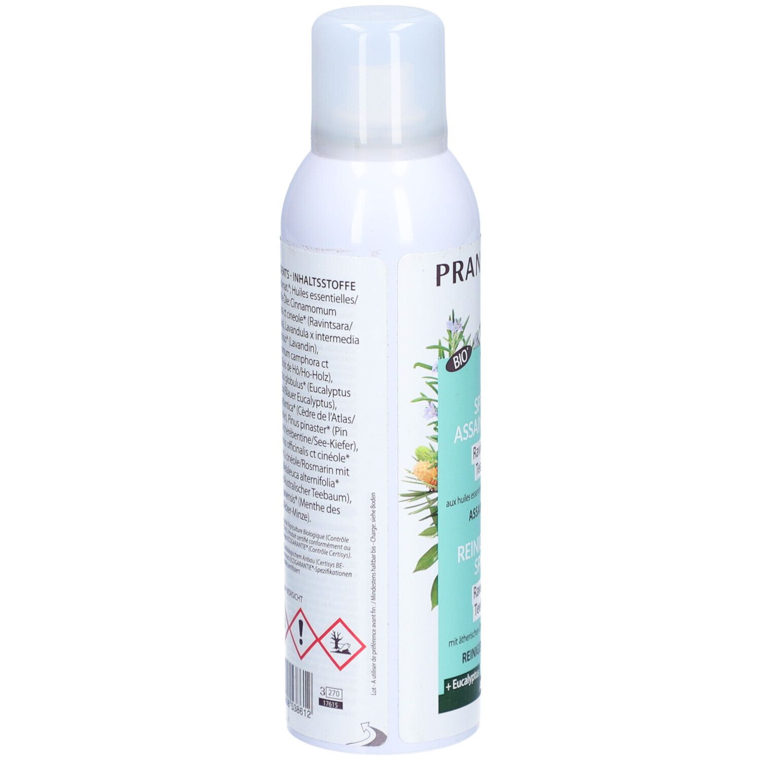 Spray blanc avec tête de pulvérisation. Inscriptions PRANAROM, ingrédients, avertissements et pictogrammes.