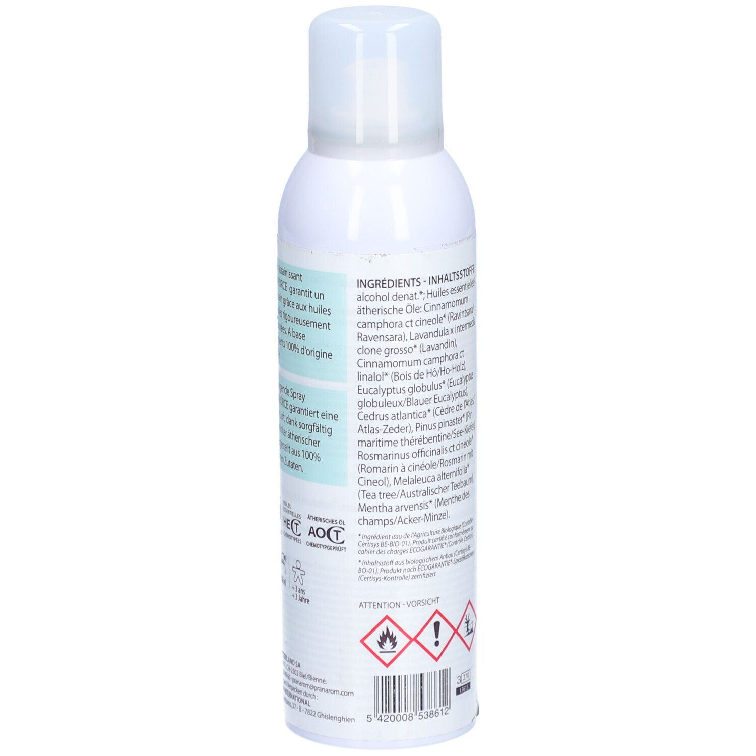 Spray blanc avec tête de pulvérisation. Inscriptions PRANAROM, ingrédients, avertissements et pictogrammes.
