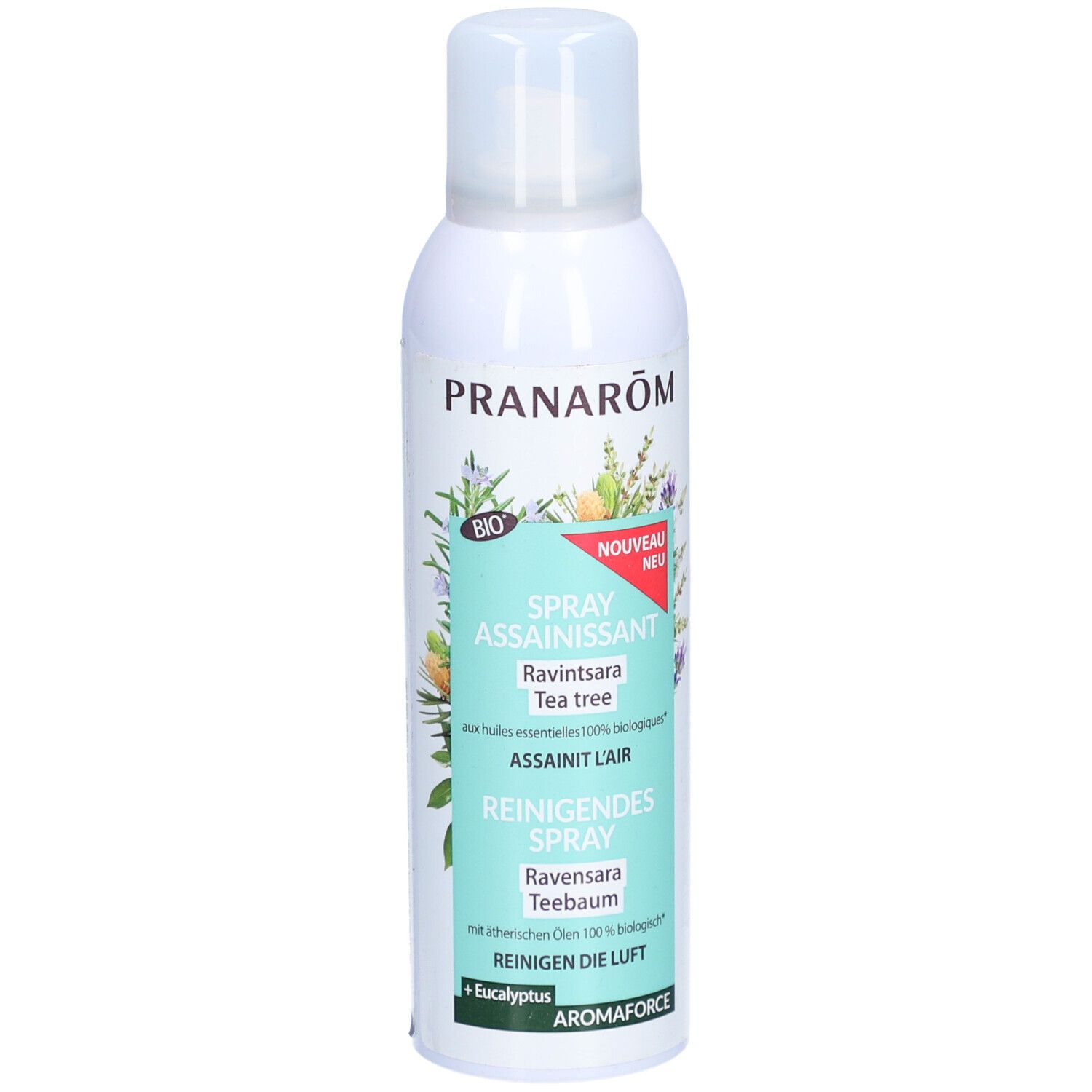 Spray blanc avec tête de pulvérisation. Inscriptions PRANAROM, label BIO, Spray Assainissant, Reinigendes Spray.