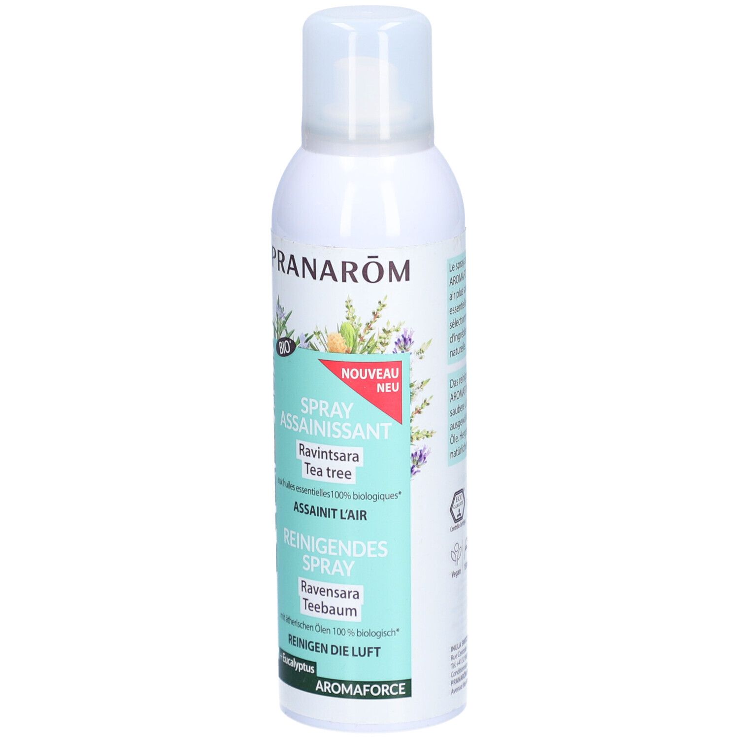Spray blanc avec tête de pulvérisation. Inscriptions PRANAROM, label BIO, Spray Assainissant, Reinigendes Spray.