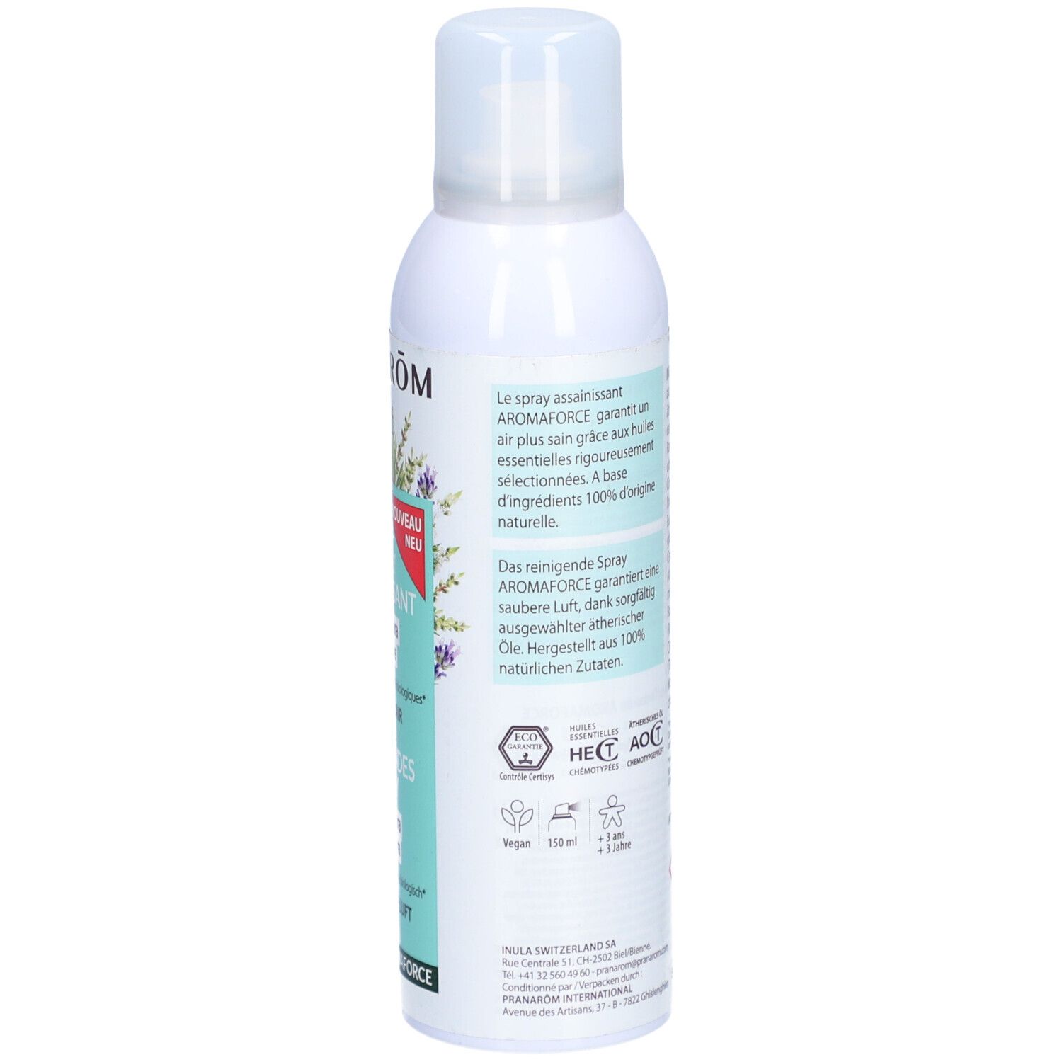 Spray blanc avec tête de pulvérisation. Inscriptions PRANAROM, label BIO, texte, pictogrammes, label Vegan, 100% naturel.
