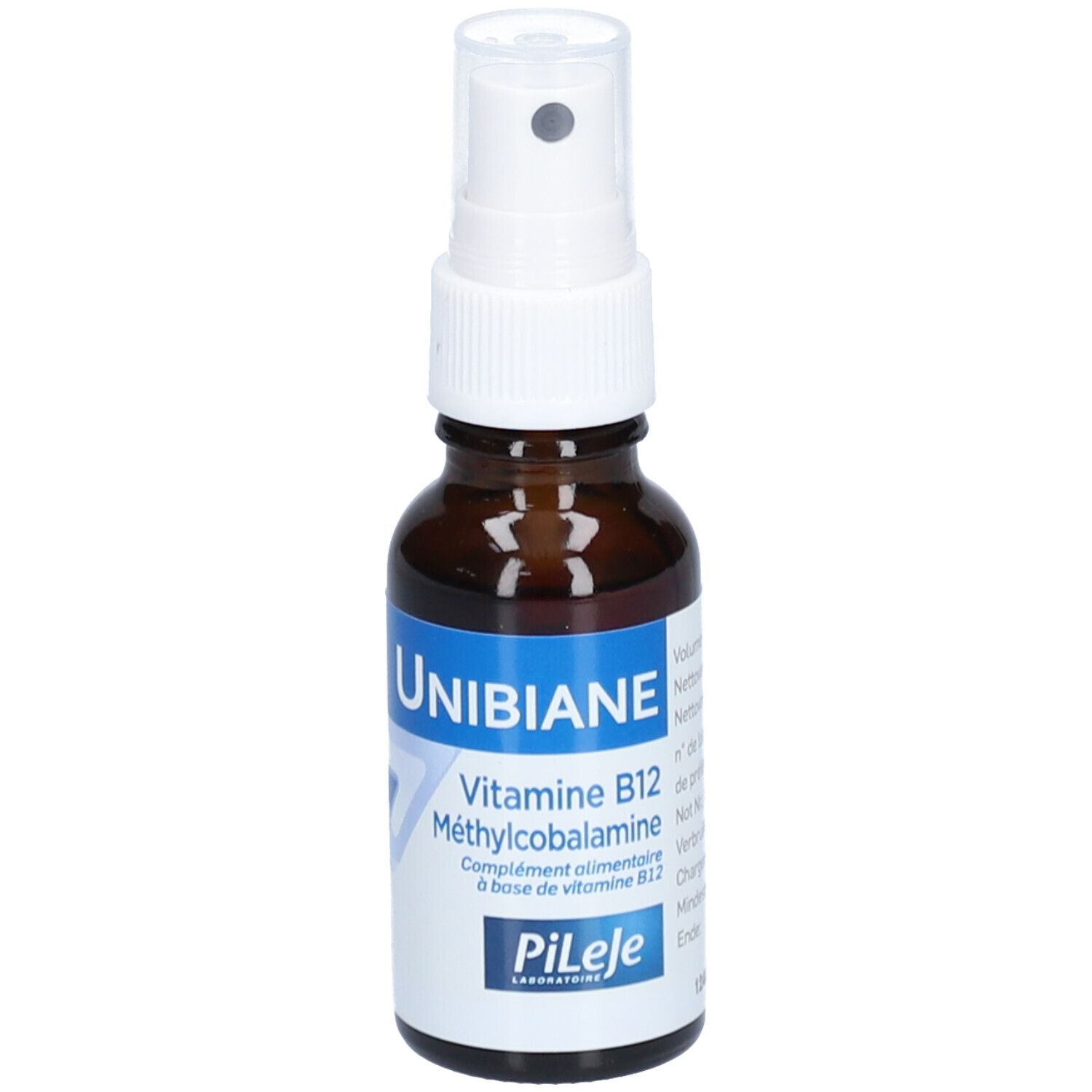 Flacon en verre brun avec vaporisateur blanc. Inscription: UNIBIANE, Vitamine B12, Méthylcobalamine. Marque: PiLeJe.