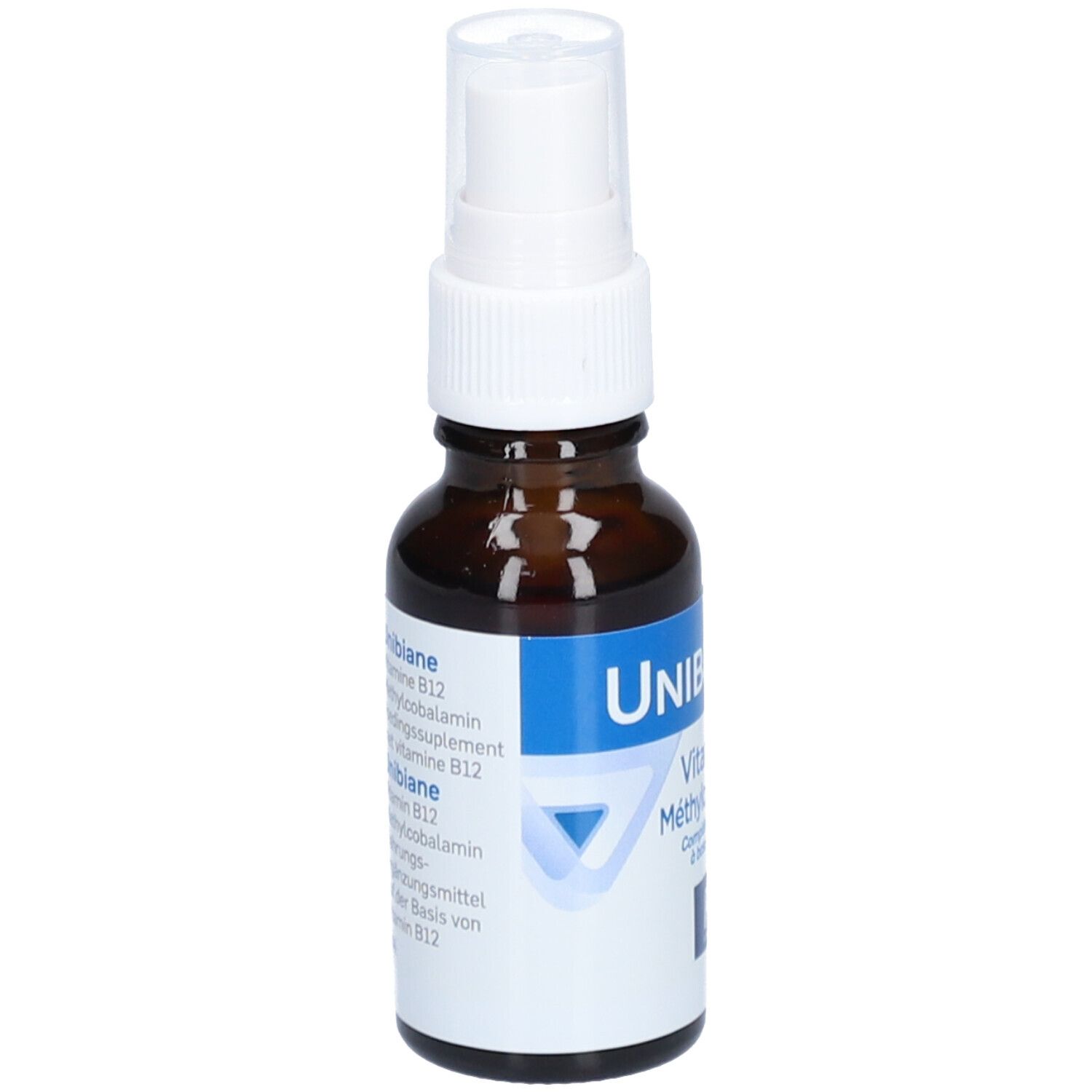 Flacon en verre brun avec vaporisateur blanc. Étiquette avec graphique bleu. Inscription: UNIBIANE, Vitamine B12, Méthylcobalamine.