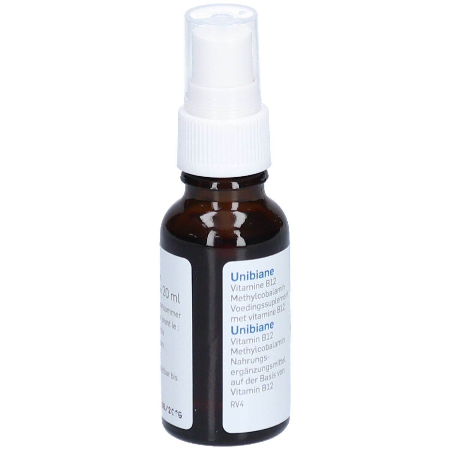 Flacon en verre brun avec vaporisateur blanc. Étiquette avec texte. Inscription: UNIBIANE, Vitamine B12, Méthylcobalamine, 20 ml.