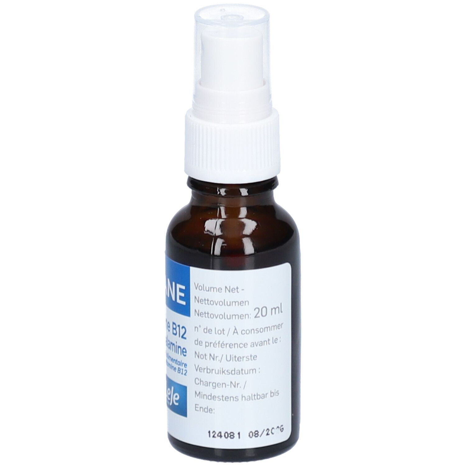 Flacon en verre brun avec vaporisateur blanc. Étiquette avec texte. Inscription: UNIBIANE, Vitamine B12, 20 ml, Date de péremption.