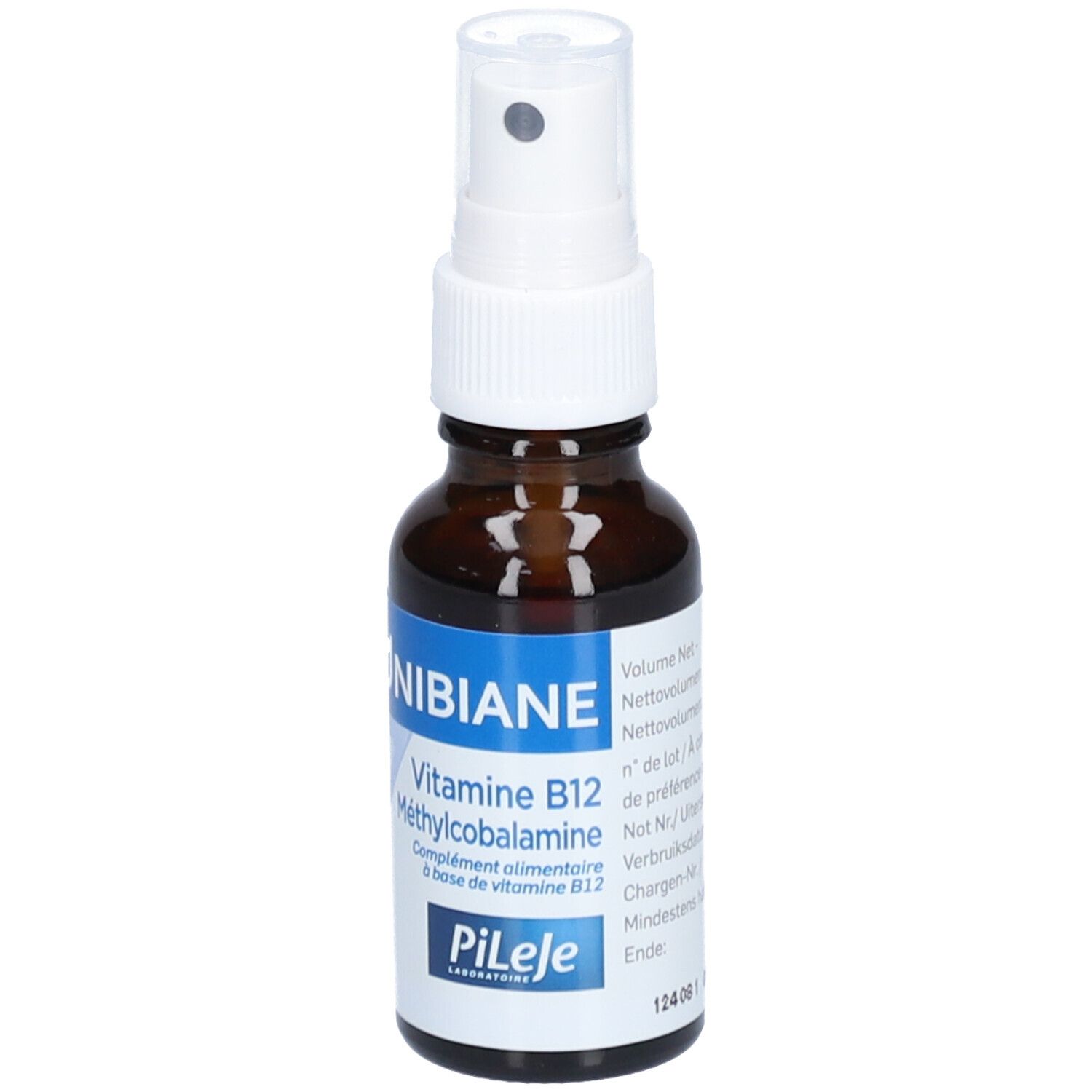 Flacon en verre brun avec vaporisateur blanc. Inscription: UNIBIANE, Vitamine B12, Méthylcobalamine. Marque: PiLeJe.