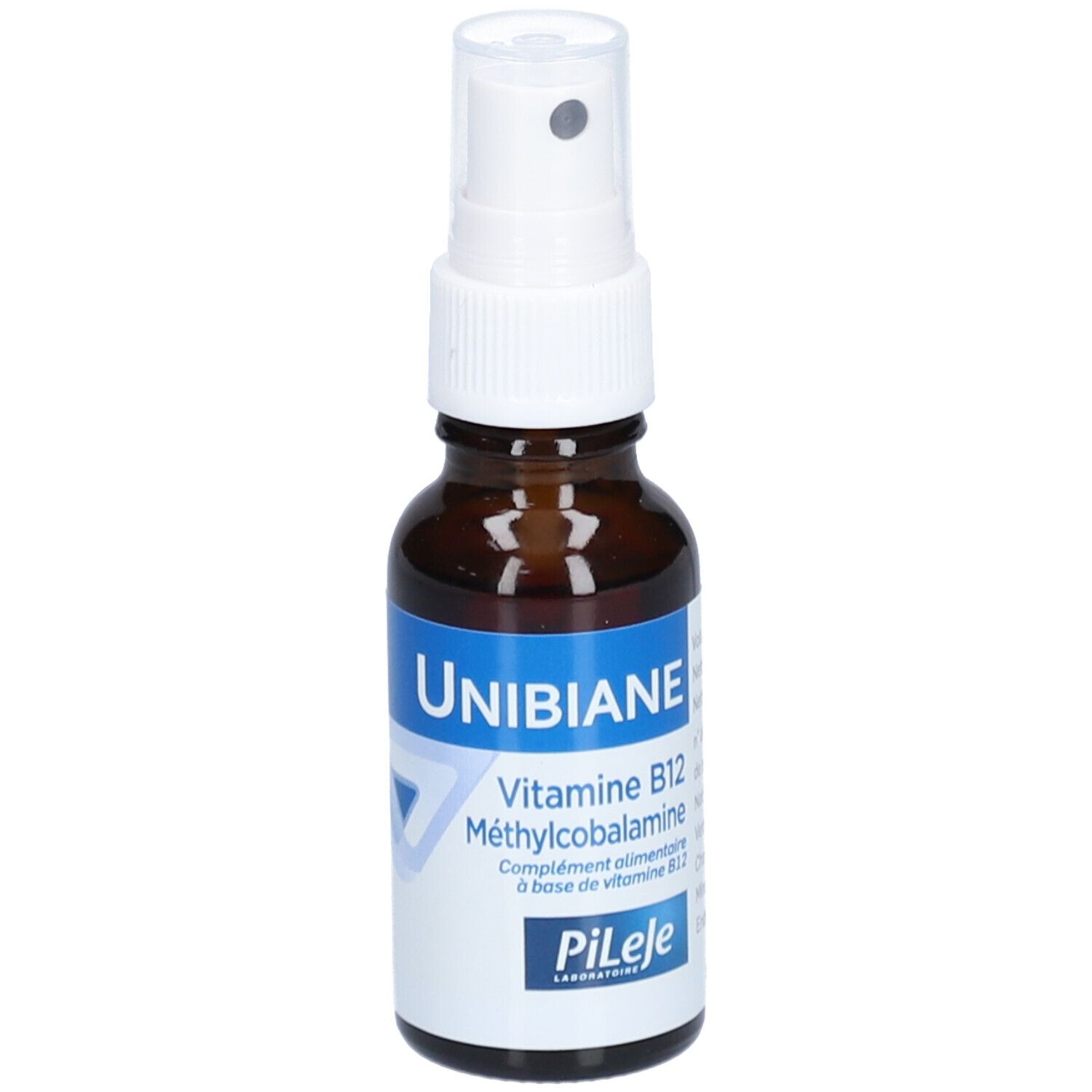 Flacon en verre brun avec vaporisateur blanc. Inscription: UNIBIANE, Vitamine B12, Méthylcobalamine. Marque: PiLeJe.