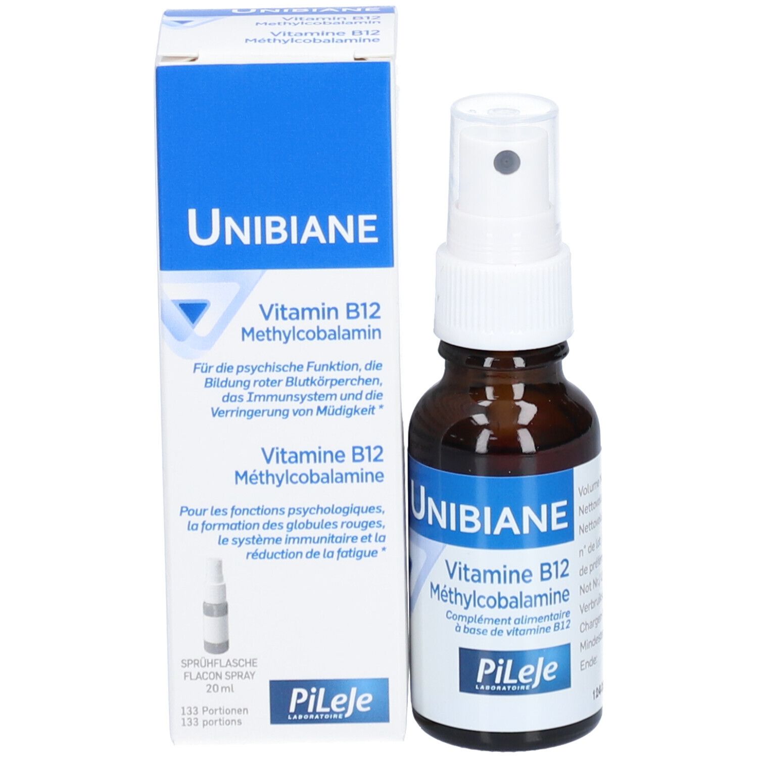 Flacon et emballage. Flacon: brun, vaporisateur blanc. Emballage: bleu, blanc. Inscription: UNIBIANE, Vitamine B12, Méthylcobalamine.