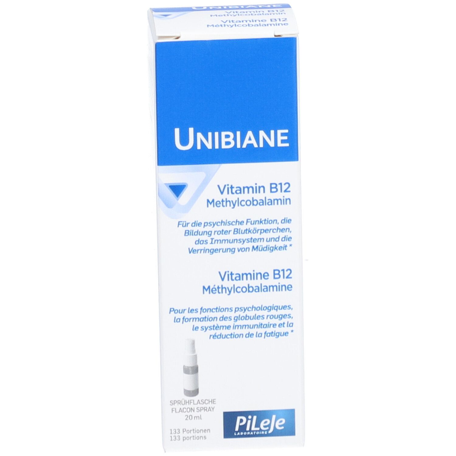 Emballage bleu. Inscription: UNIBIANE, Vitamine B12, Méthylcobalamine. Contient un flacon et du texte.