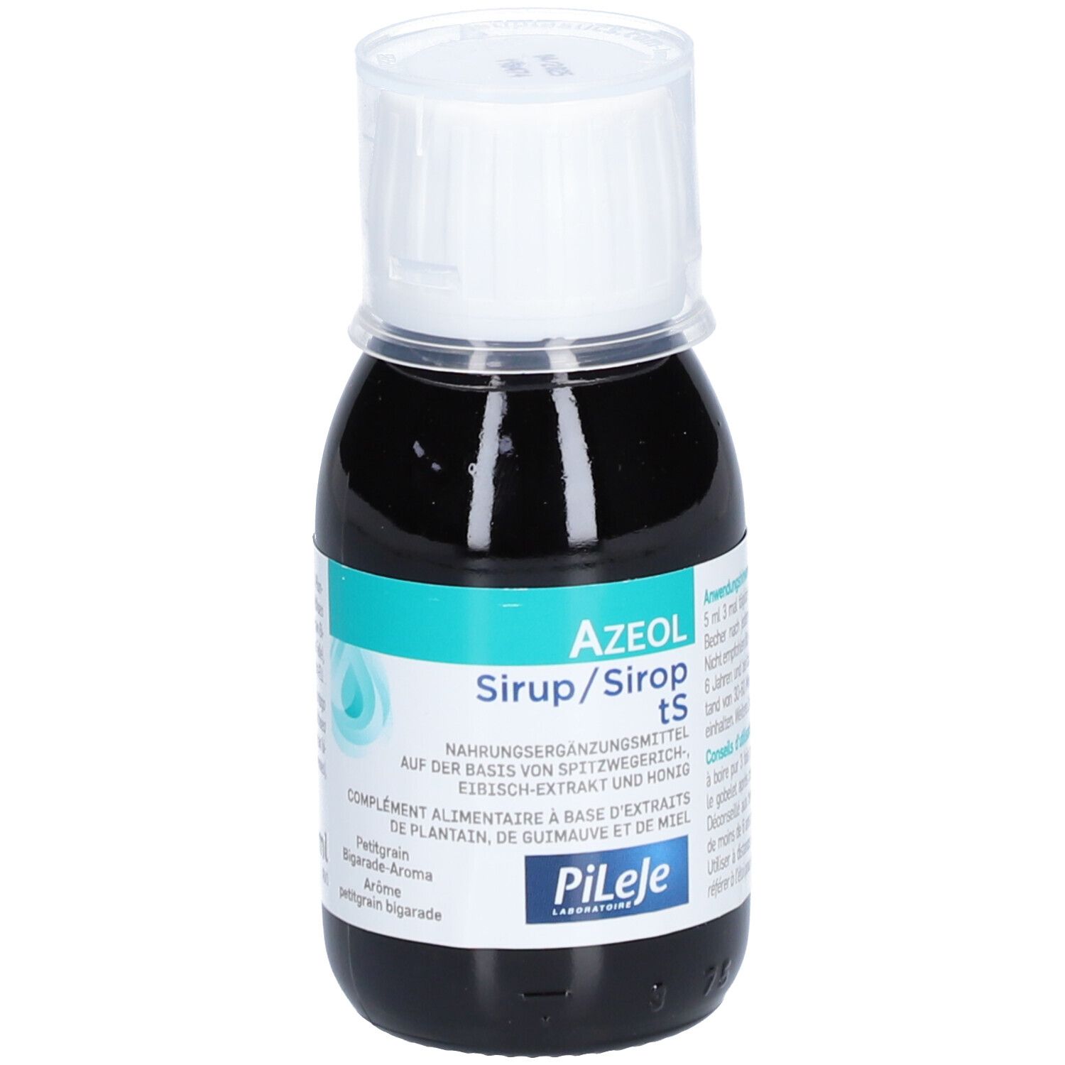 Braune Flüssigkeit in einer Flasche mit weißem Verschluss. Aufschrift: AZEOL Sirup tS. Marke: Pileje.