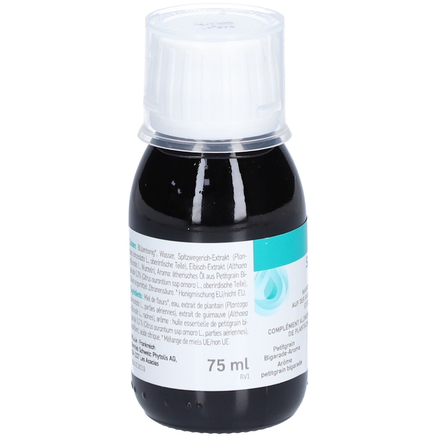 Flasche mit brauner Flüssigkeit und weißem Verschluss. Aufschrift: AZEOL Sirup tS. Rückseite mit Inhaltsstoffen. Marke: Pileje.