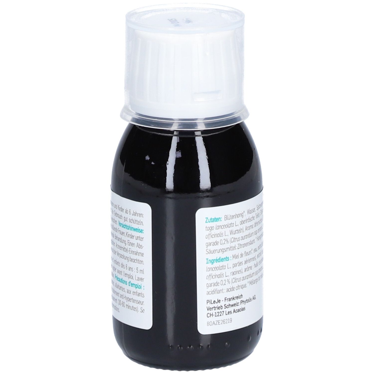 Flasche mit brauner Flüssigkeit und weißem Verschluss. Aufschrift: AZEOL Sirup tS. Rückseite mit Informationen. Marke: Pileje.