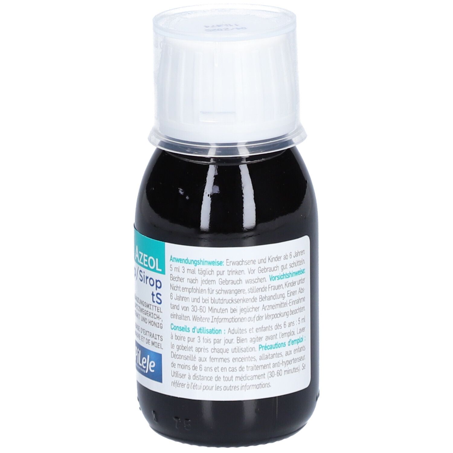 Flasche mit brauner Flüssigkeit und weißem Verschluss. Aufschrift: AZEOL Sirup tS. Rückseite mit Anwendungshinweisen. Marke: Pileje.