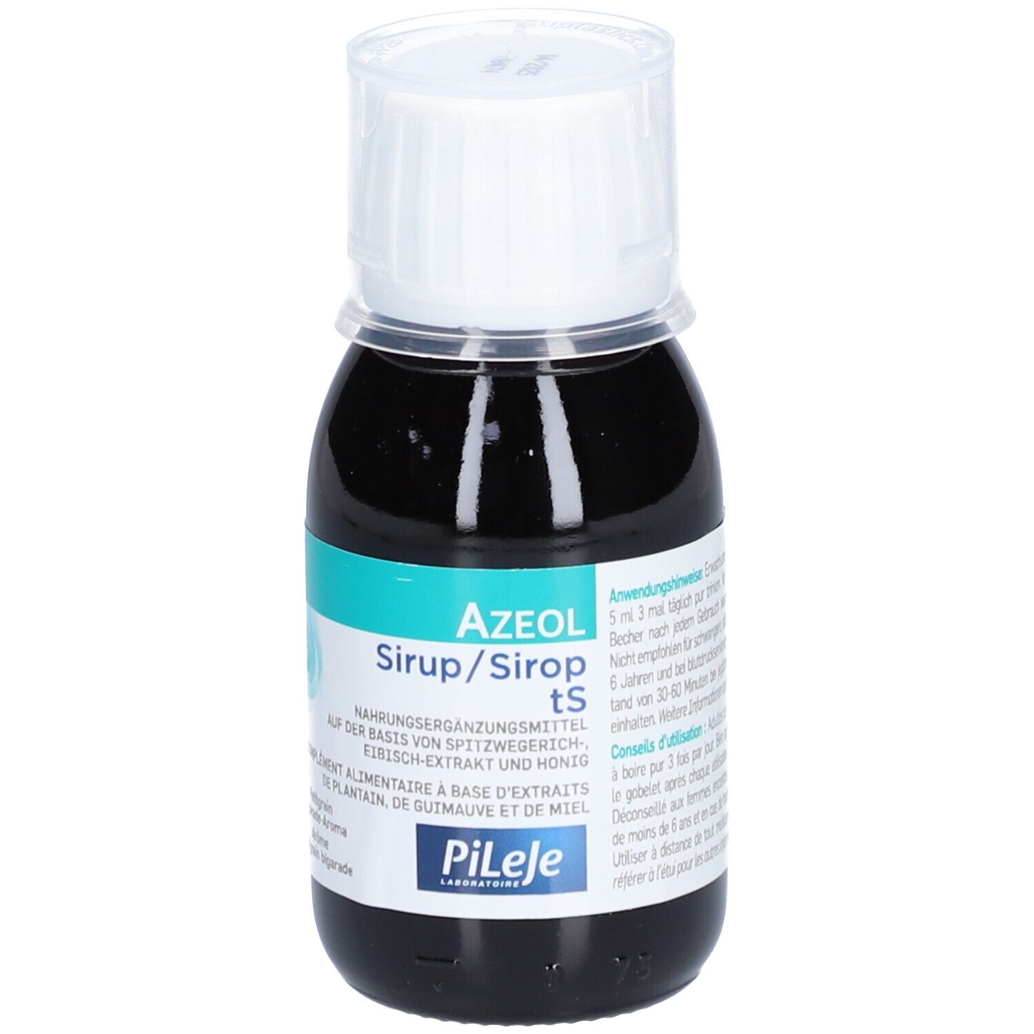 Flasche mit brauner Flüssigkeit und weißem Verschluss. Aufschrift: AZEOL Sirup tS. Marke: Pileje.
