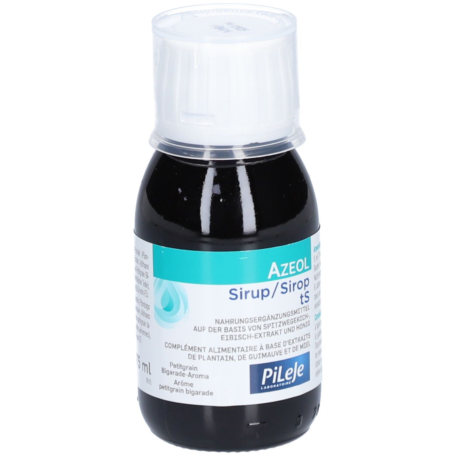 Flasche mit brauner Flüssigkeit und weißem Verschluss. Aufschrift: AZEOL Sirup tS. Marke: Pileje.