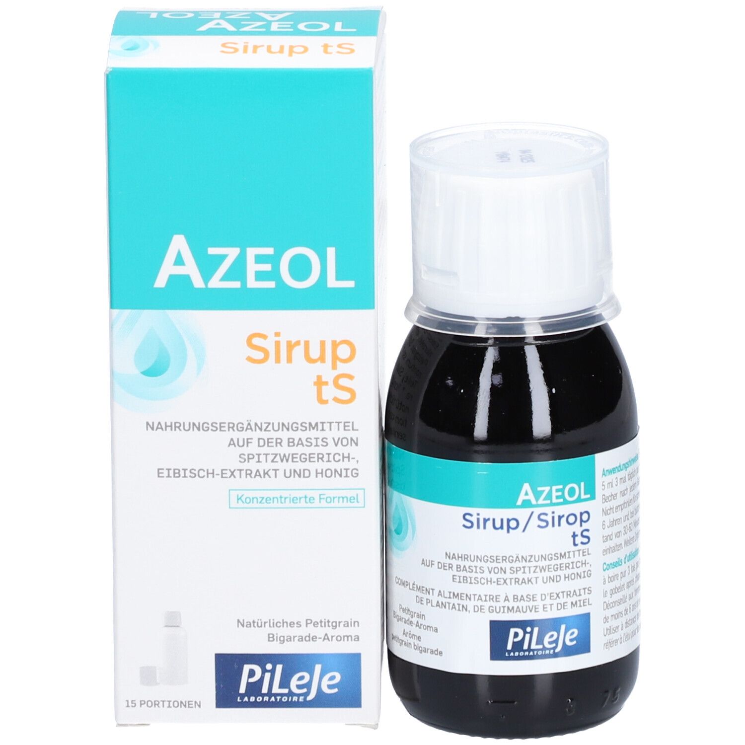 AZEOL Sirup tS Flasche und Schachtel. Aufschrift: AZEOL Sirup tS. Marke: Pileje. Enthält 15 Portionen.