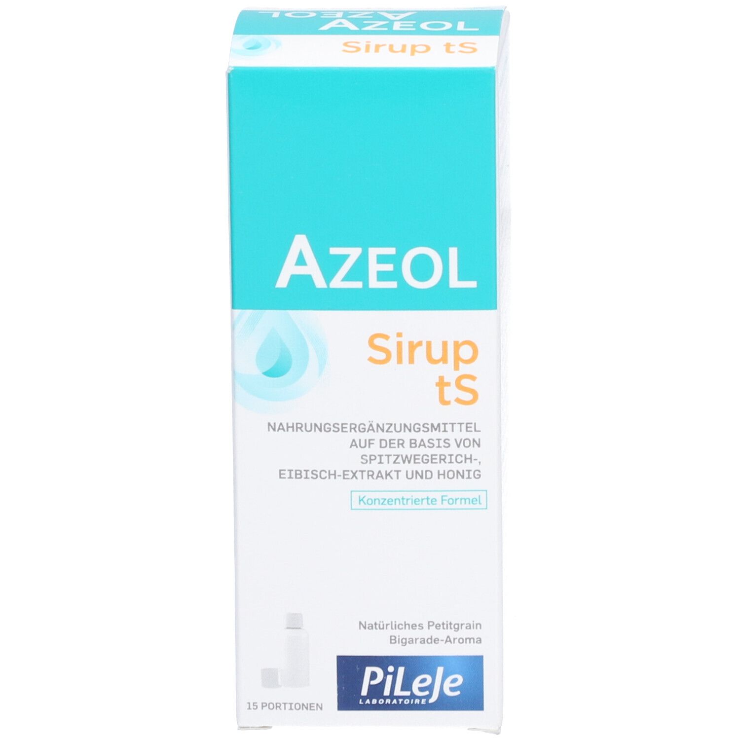 Weiße Schachtel mit Aufschrift AZEOL Sirup tS. Marke: Pileje. Enthält 15 Portionen.