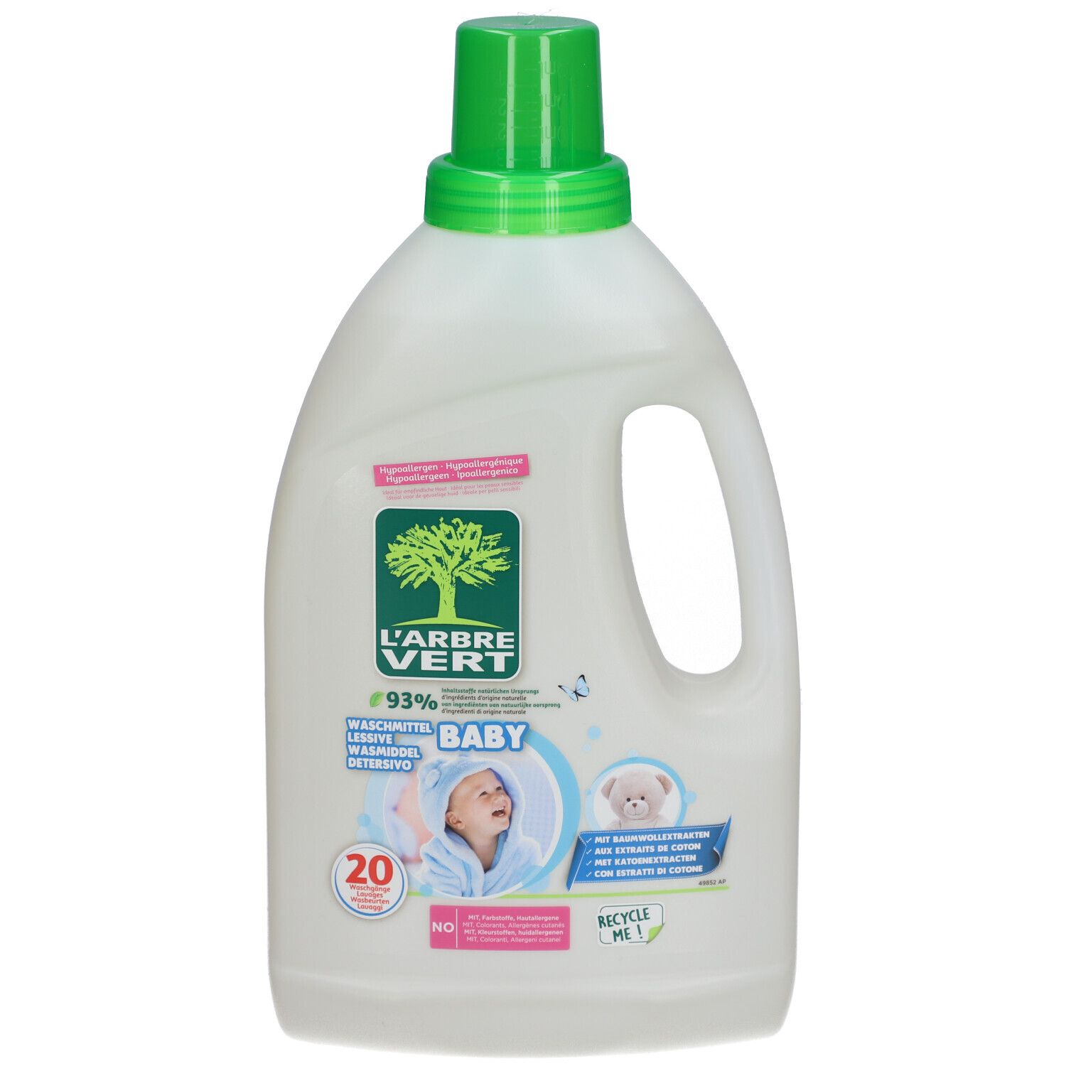 Flasche L'ARBRE VERT Baby-Waschmittel. Weiß, grüner Deckel und Griff. Etikett mit Baby-Illustration und Logo.