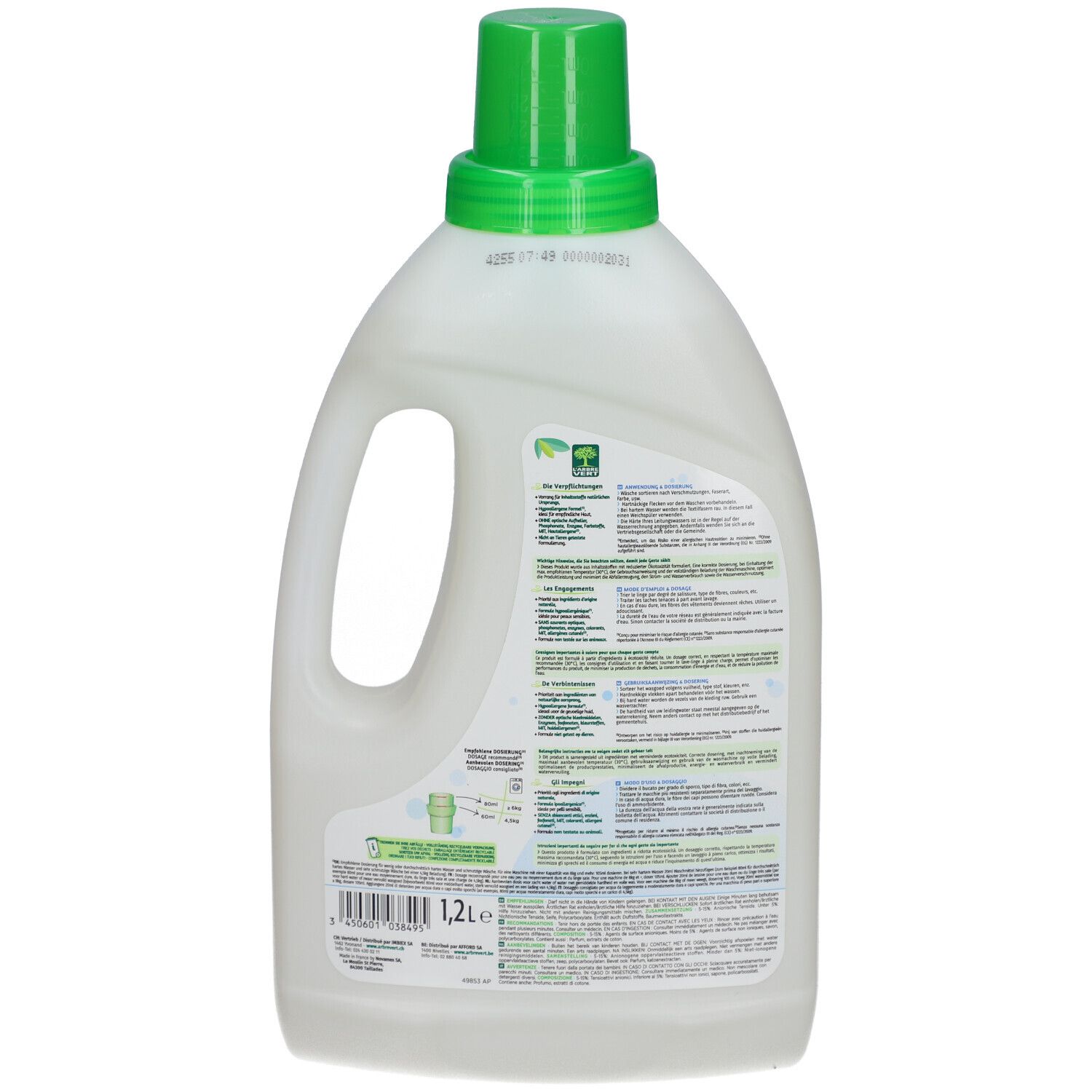 Rückseite der L'ARBRE VERT Baby-Waschmittelflasche. Weiße Flasche mit grünem Deckel. Text und Symbole auf dem Etikett.