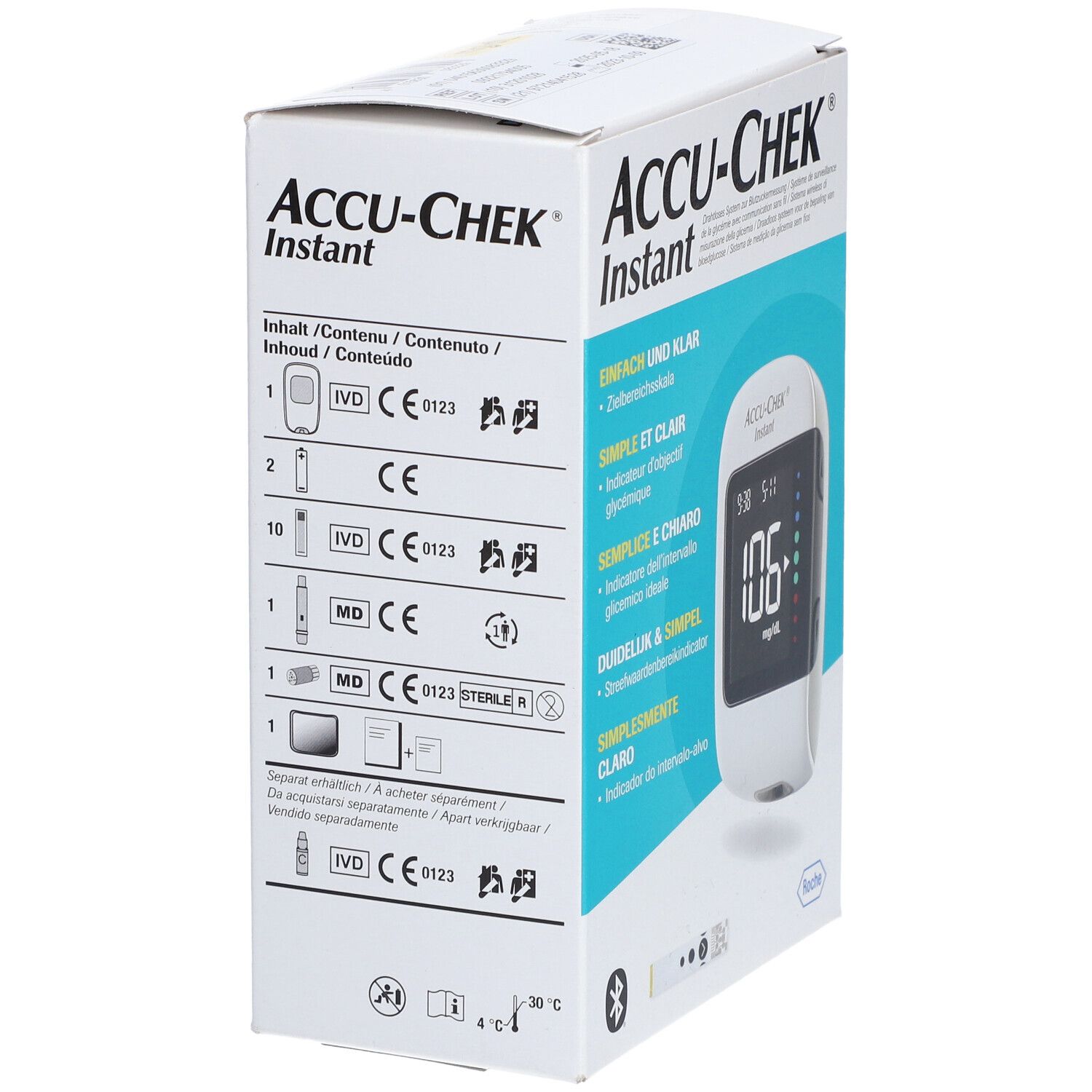 Boîte ACCU-CHEK Instant. Symboles et contenu imprimés sur l'emballage.