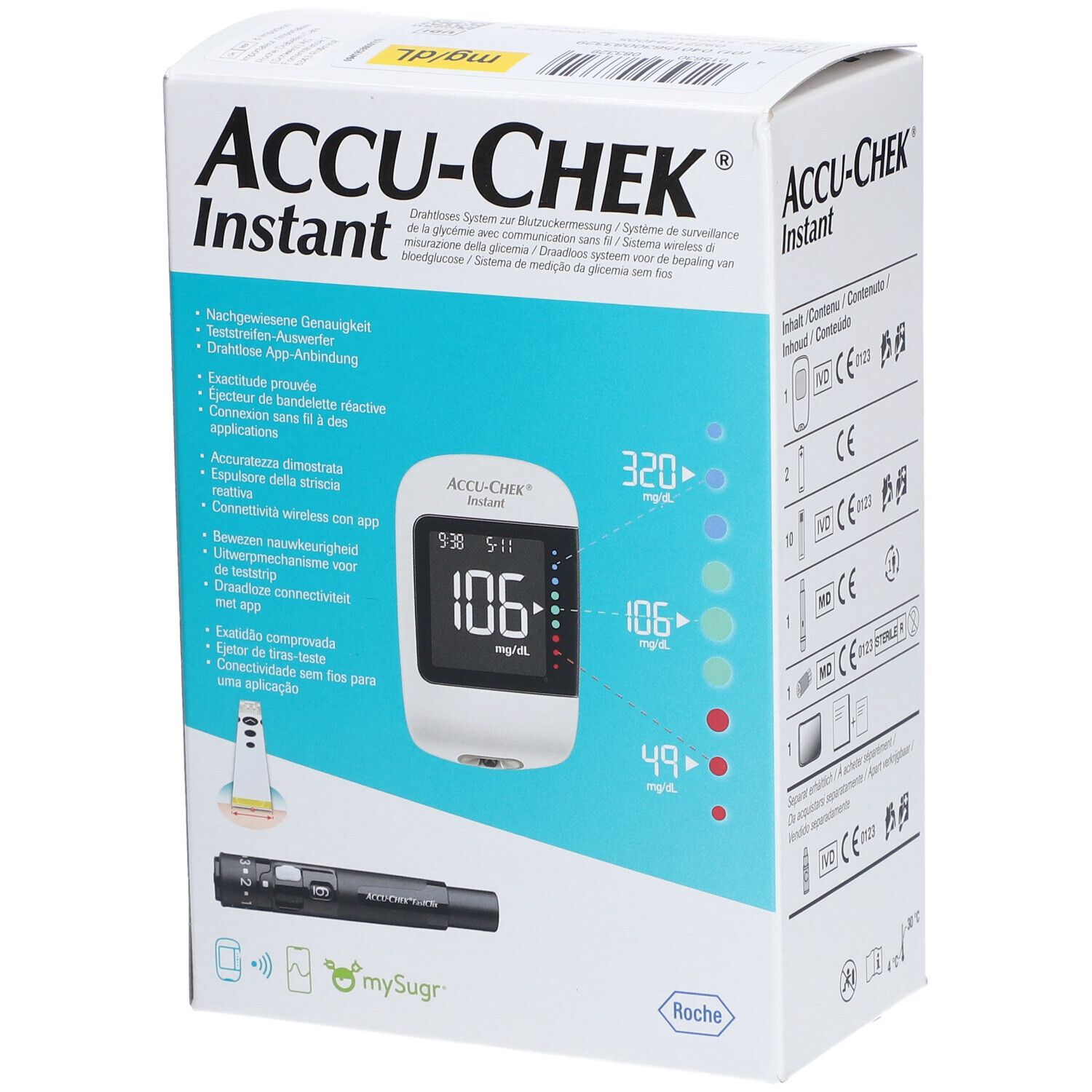 Boîte ACCU-CHEK Instant. Appareil, bandelette et autopiqueur visibles.