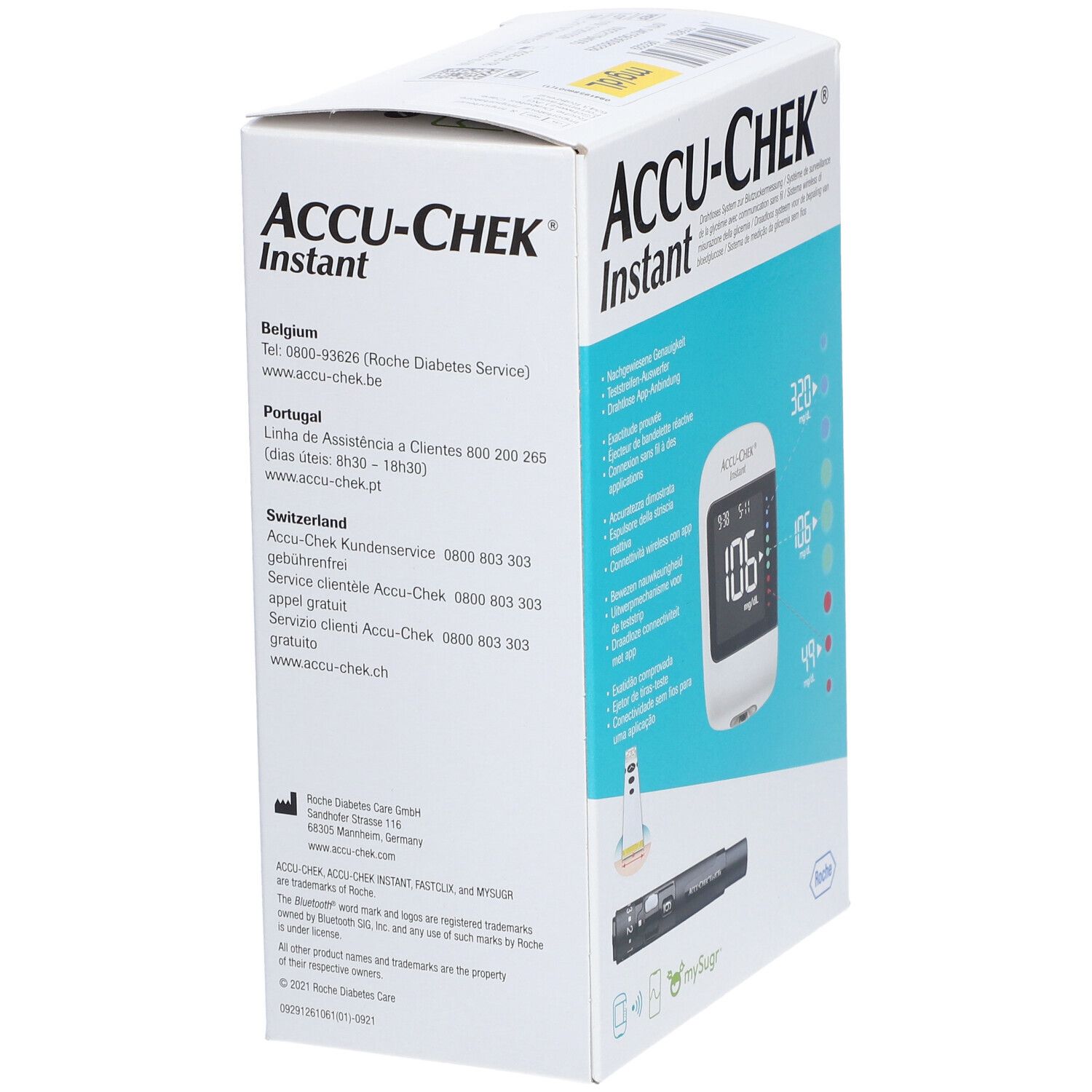 Boîte ACCU-CHEK Instant. Informations de contact imprimées.