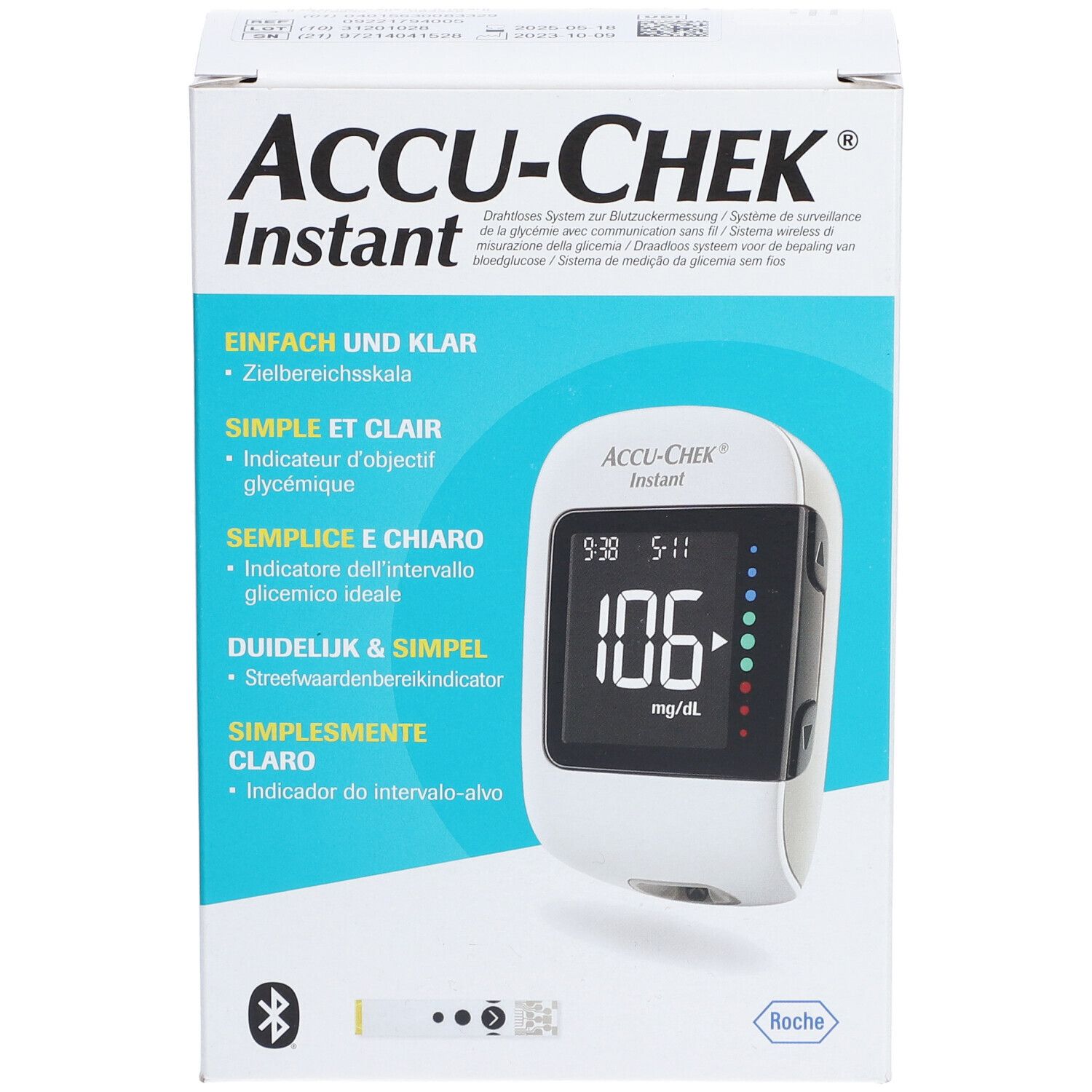 Boîte de l'ACCU-CHEK Instant. Appareil de mesure de la glycémie avec affichage visible sur le devant.