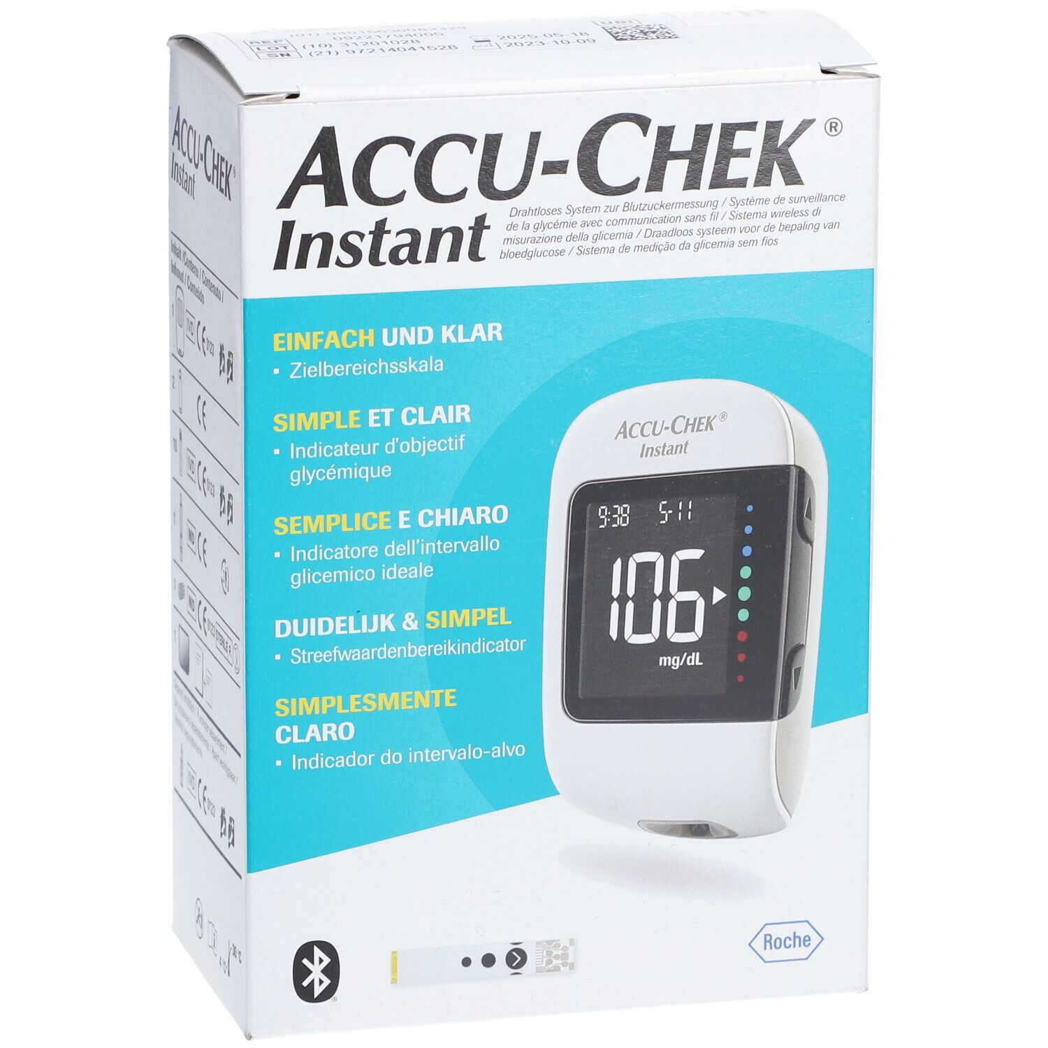 Boîte de l'ACCU-CHEK Instant. Appareil de mesure de la glycémie avec affichage visible sur le devant.