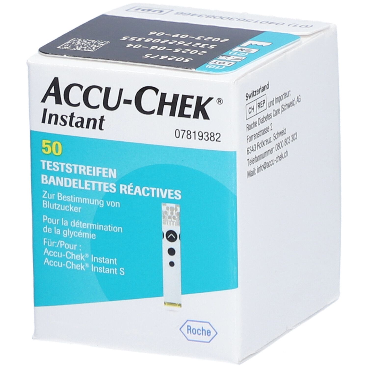 Boîte de bandelettes réactives ACCU-CHEK Instant. Contient 50 bandelettes. Inscriptions en allemand et français.