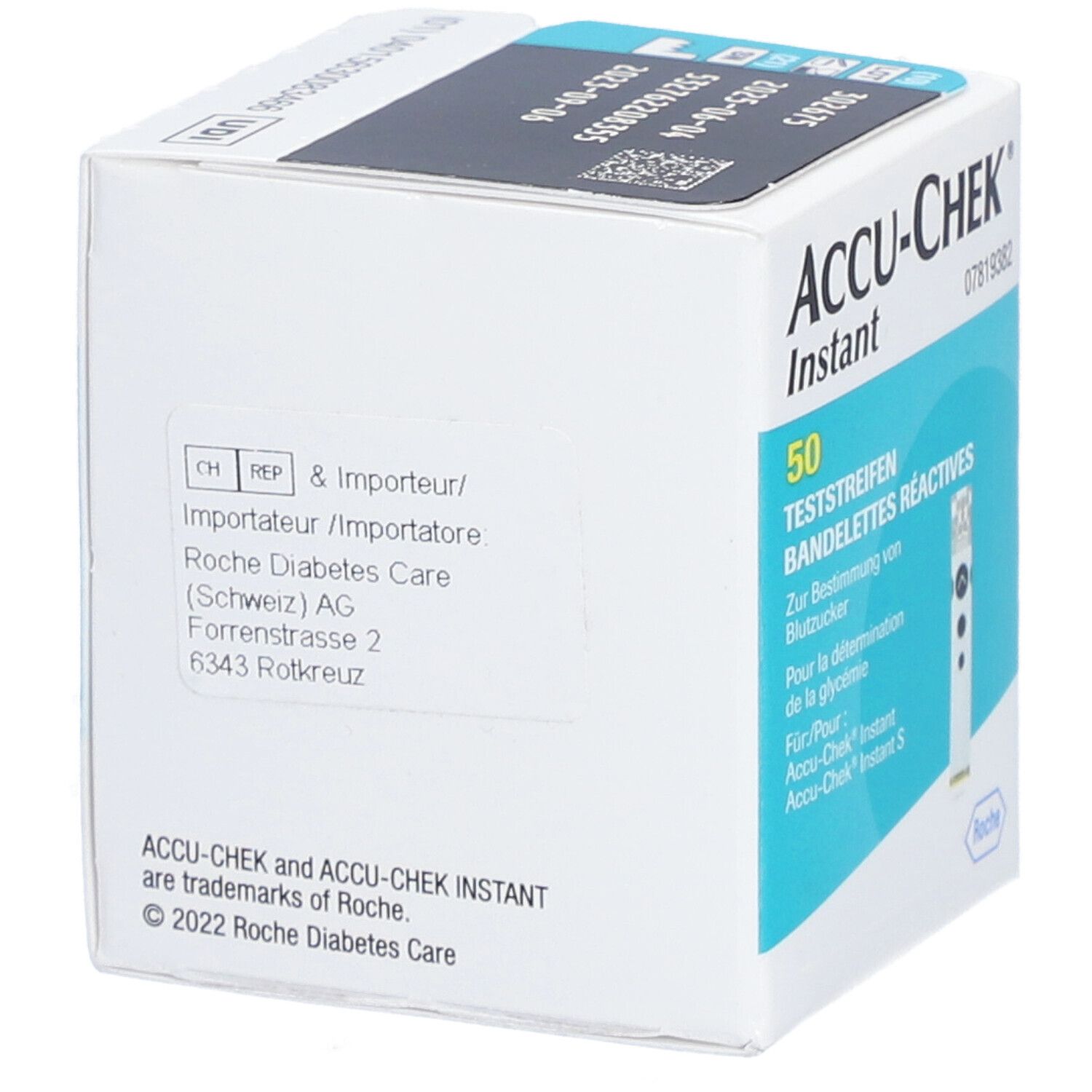 Boîte de bandelettes réactives ACCU-CHEK Instant. Contient 50 bandelettes. Inscriptions en allemand et français.