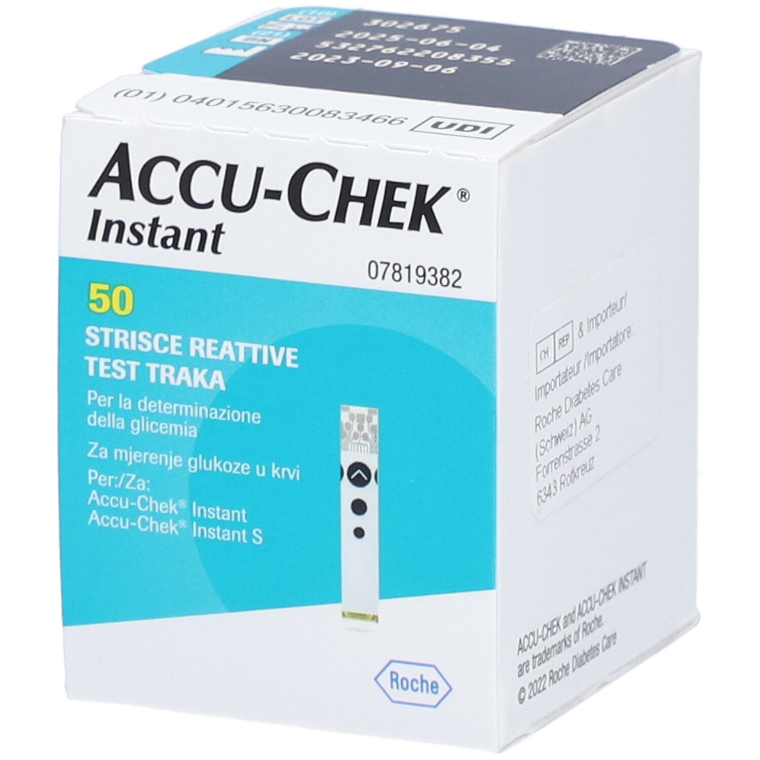 Boîte de bandelettes réactives ACCU-CHEK Instant. Contient 50 bandelettes. Inscriptions en allemand, italien et français.