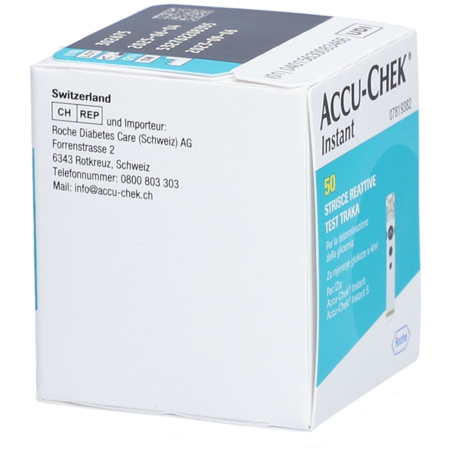 Boîte de bandelettes réactives ACCU-CHEK Instant. Contient 50 bandelettes. Inscriptions en allemand, italien et français.