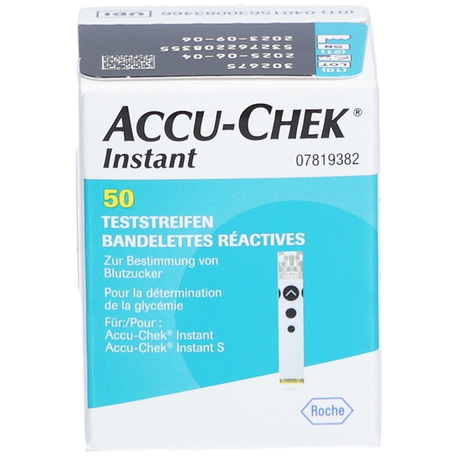 Boîte de bandelettes réactives ACCU-CHEK Instant. Contient 50 bandelettes. Inscriptions en allemand et français.