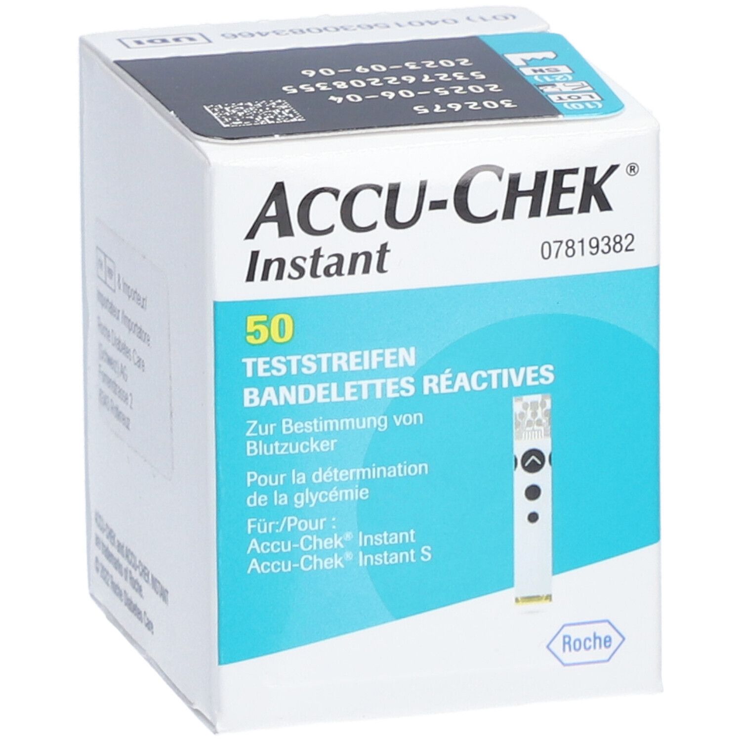 Boîte de bandelettes réactives ACCU-CHEK Instant. Contient 50 bandelettes. Inscriptions en allemand et français.