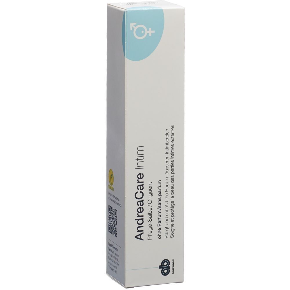 Weiße Faltschachtel mit Produktbezeichnung und Logo. Hellblauer Kreis mit Symbol. Text: AndreaCare Intim, ohne Parfum.