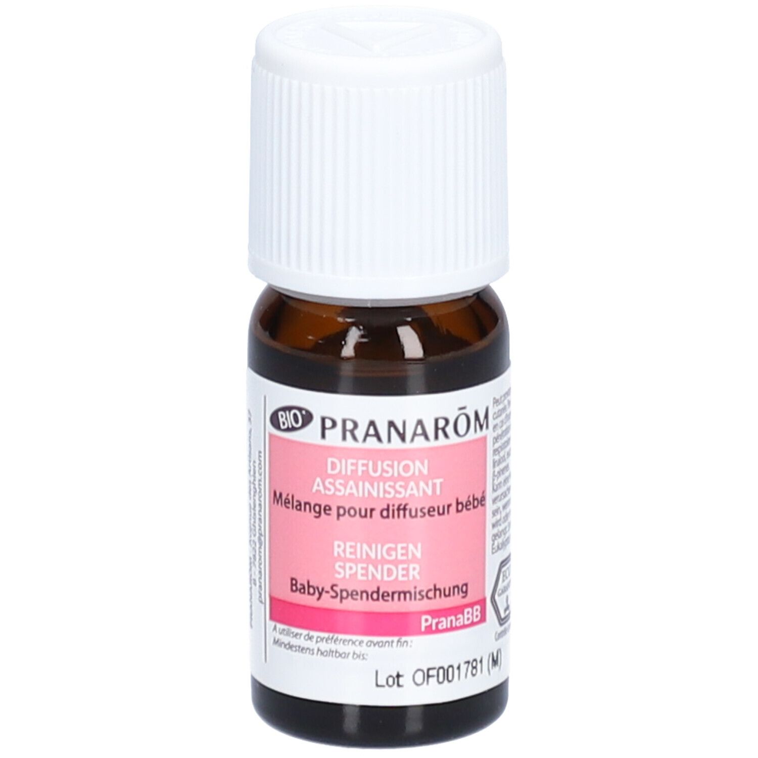 Braune Glasflasche mit weißem Deckel. Etikett mit Produktnamen, rosa Akzenten und Text. BIO-Zertifizierung.