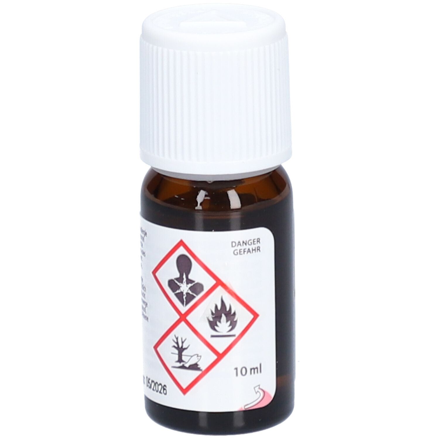 Braune Glasflasche mit weißem Deckel. Etikett mit Gefahrensymbolen: Gesundheitsgefahr, Brandgefahr, Umweltgefahr.
