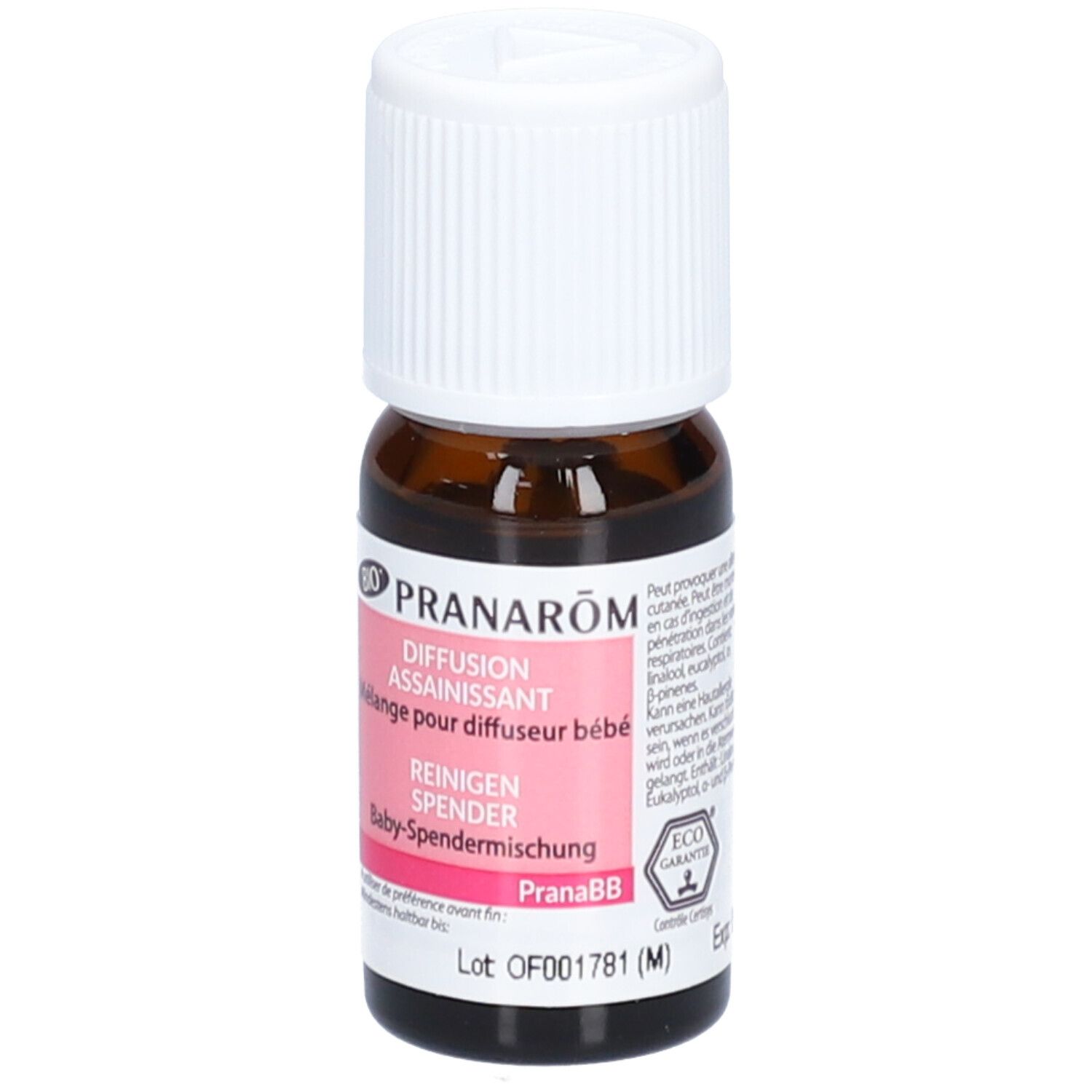 Braune Glasflasche mit weißem Deckel. Etikett mit Produktnamen, rosa Akzenten und Text. BIO-Zertifizierung.