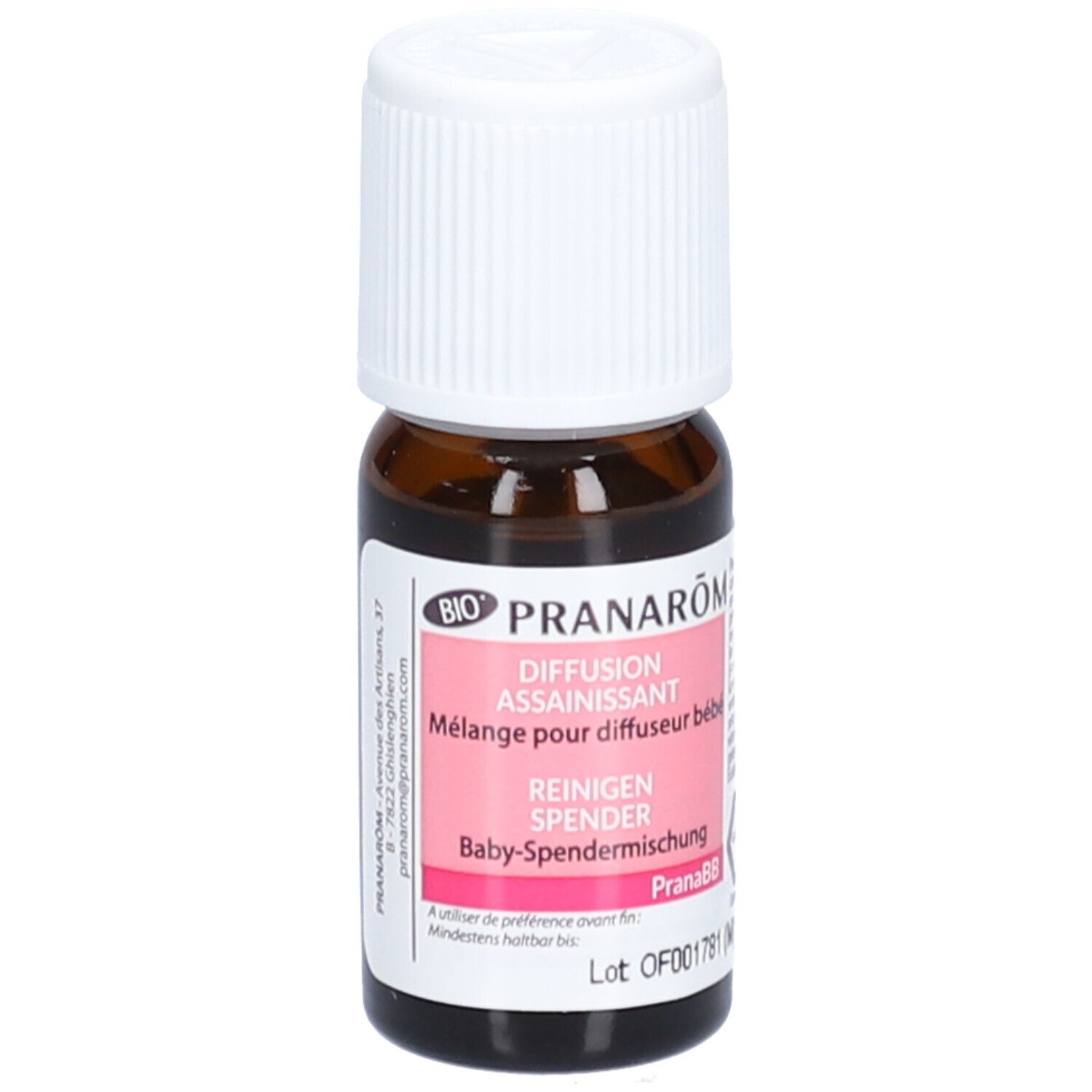 Braune Glasflasche mit weißem Deckel. Etikett mit Produktnamen, rosa Akzenten und Text. BIO-Zertifizierung.
